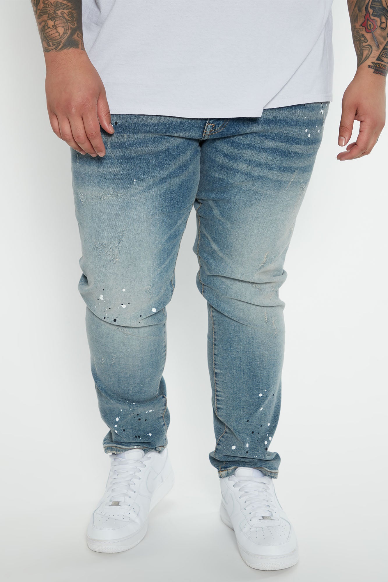 Ripped And Bleach Splatter Slim Jeans - Light Blue Wash - Image 5