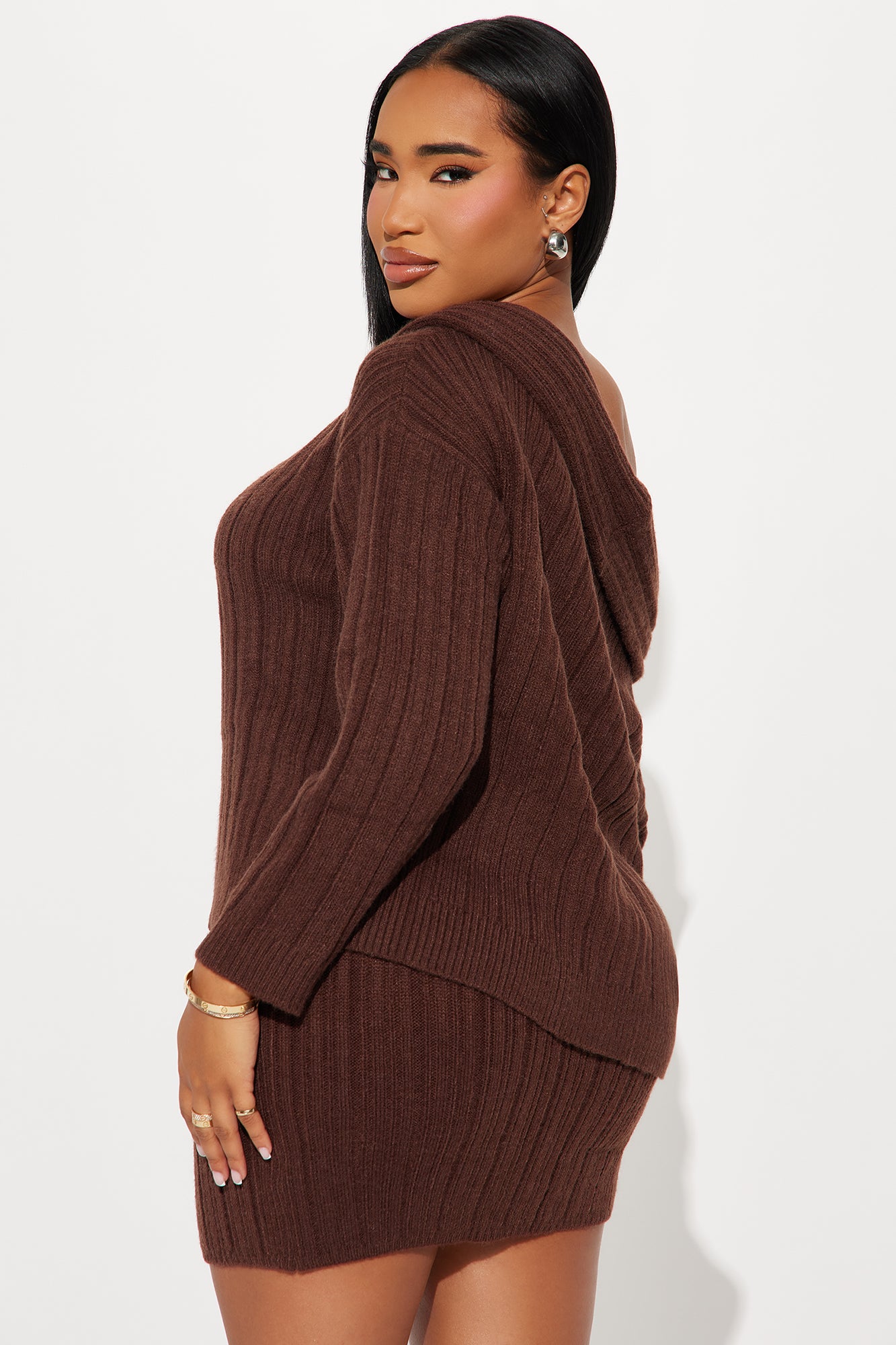 Lia Off Shoulder Sweater Skirt Set - Chocolate - Image 3