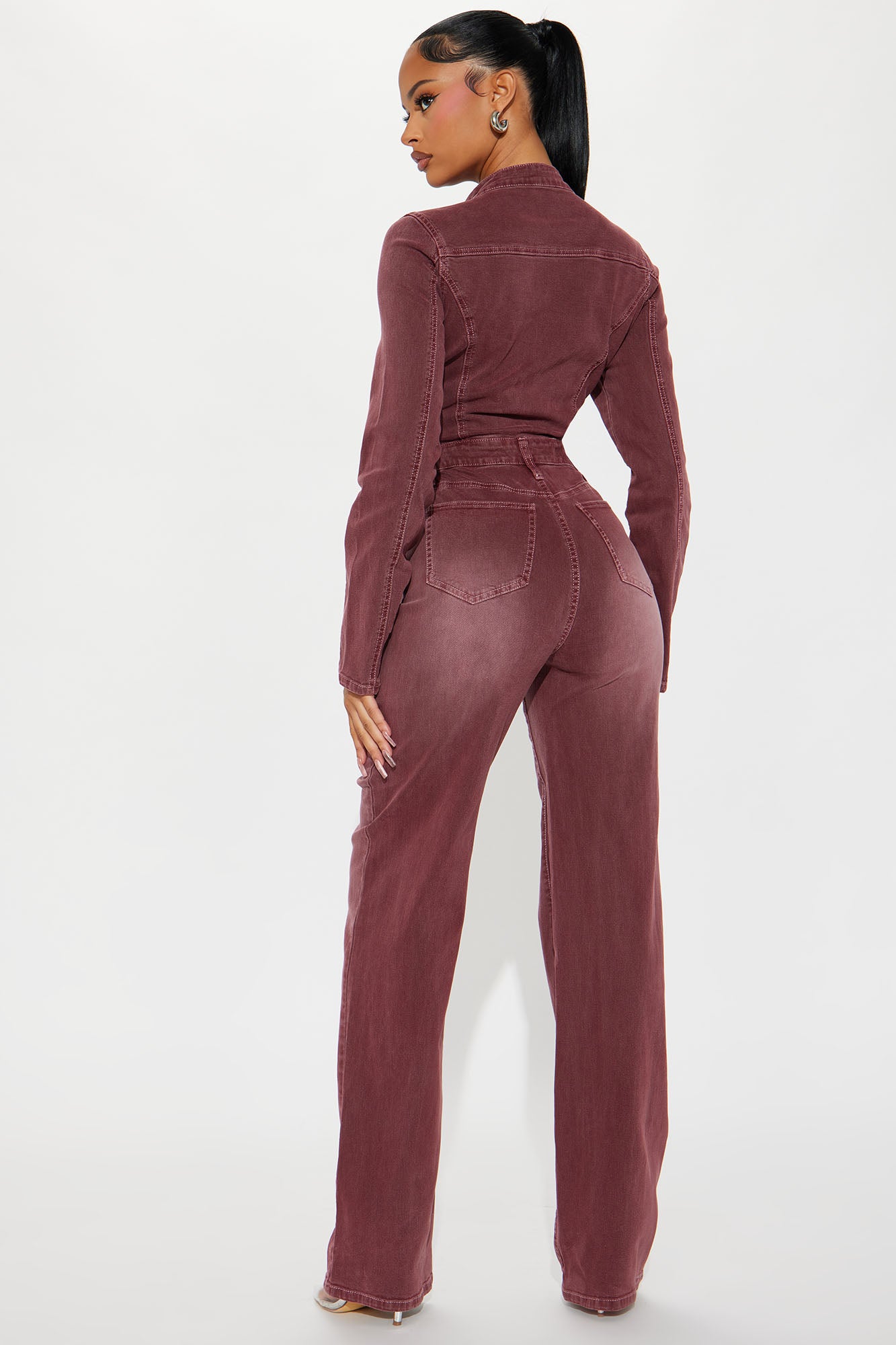 Hopped Off His Bike Denim Jumpsuit - Burgundy - Image 3