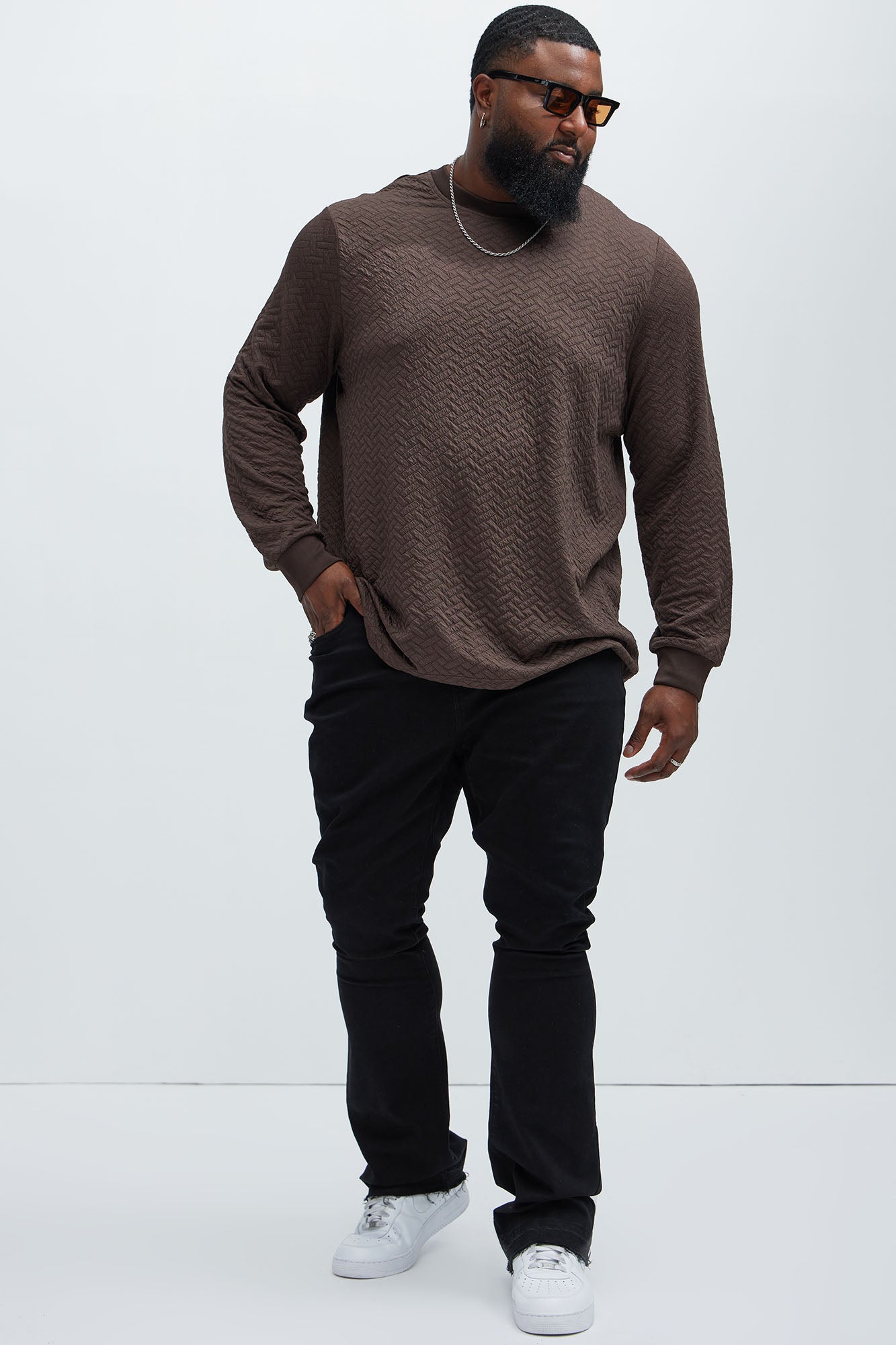 We Outside Textured Long Sleeve Tee - Brown - Image 6