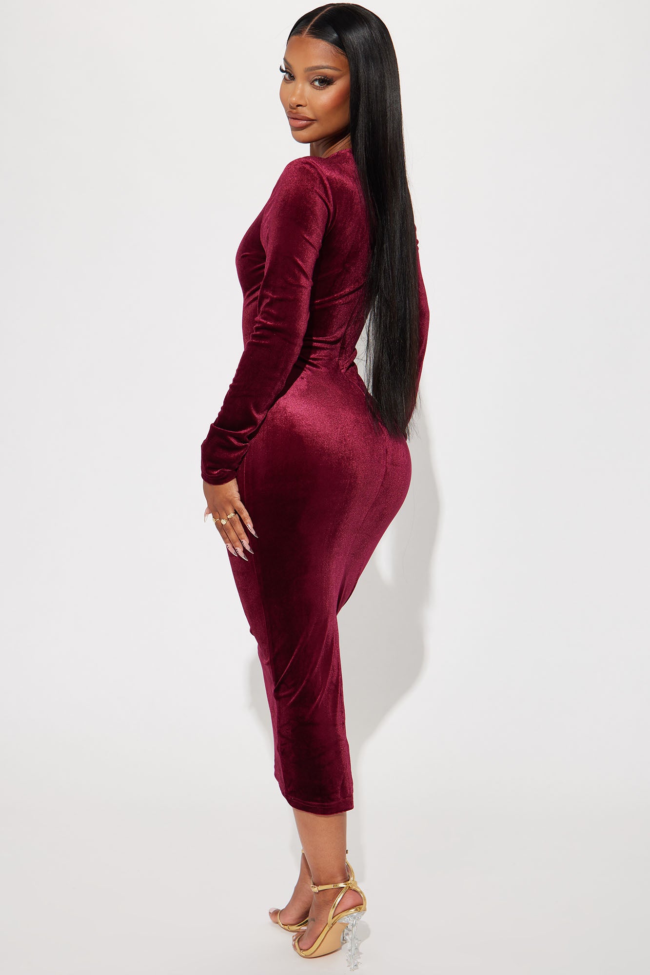Marie Velvet Midi Dress - Burgundy - Image 3