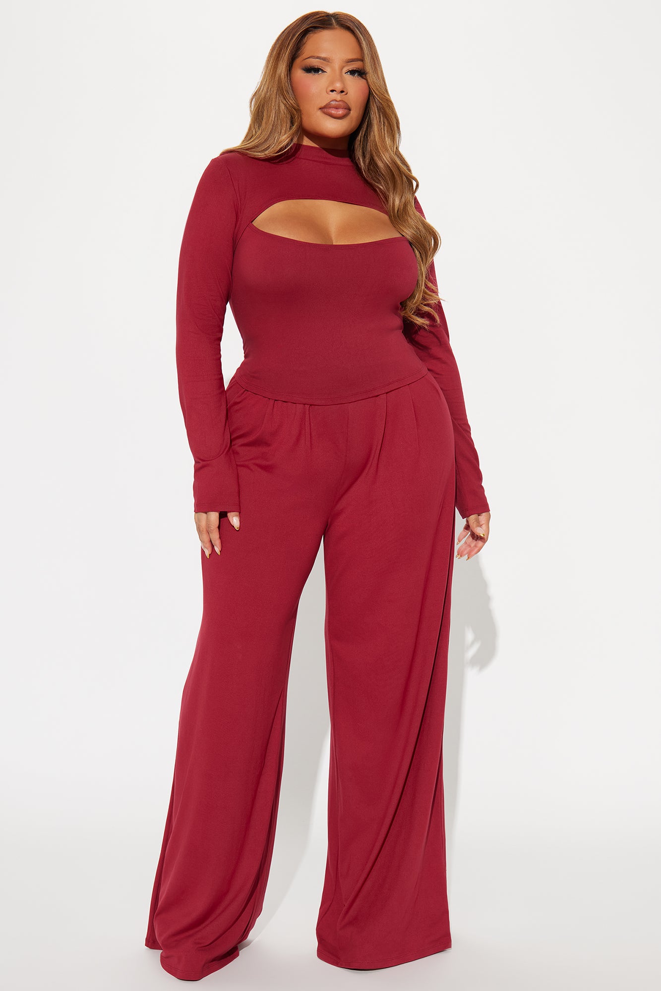 Choosing You Wide Leg Pant Set - Burgundy - Image 4