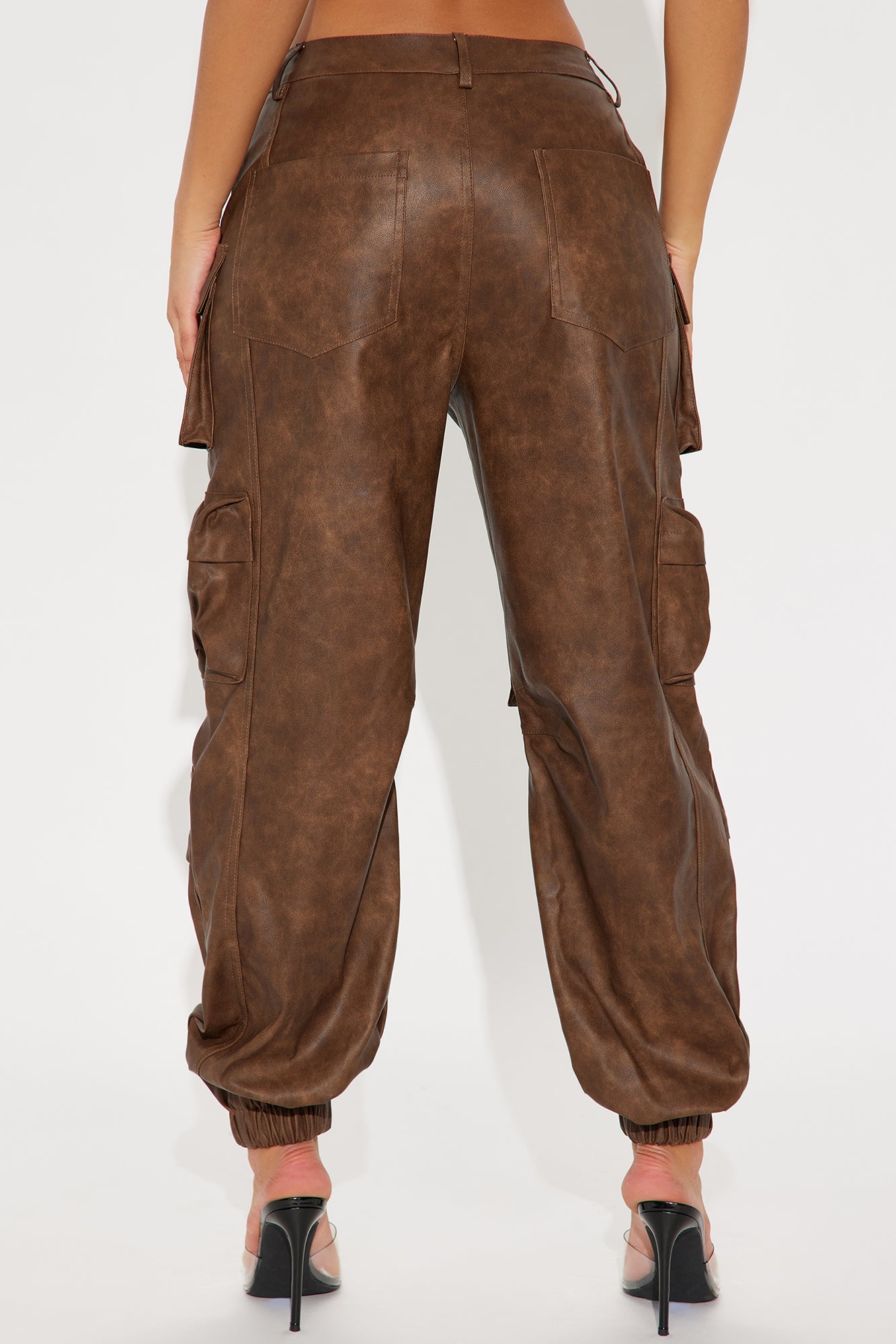 Weekend Warrior Washed Faux Leather Cargo Jogger - Brown - Image 4