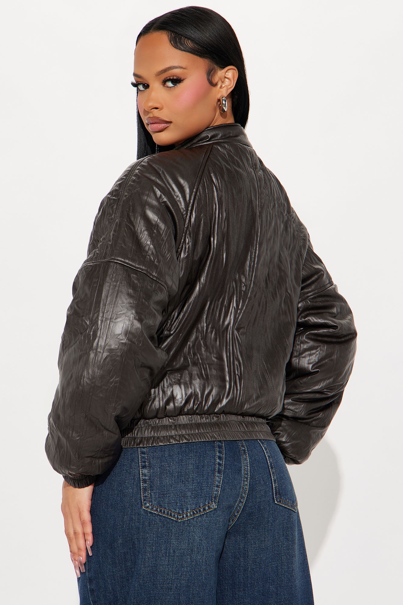 Bossed Up Crinkled Faux Leather Bomber Jacket - Charcoal - Image 4