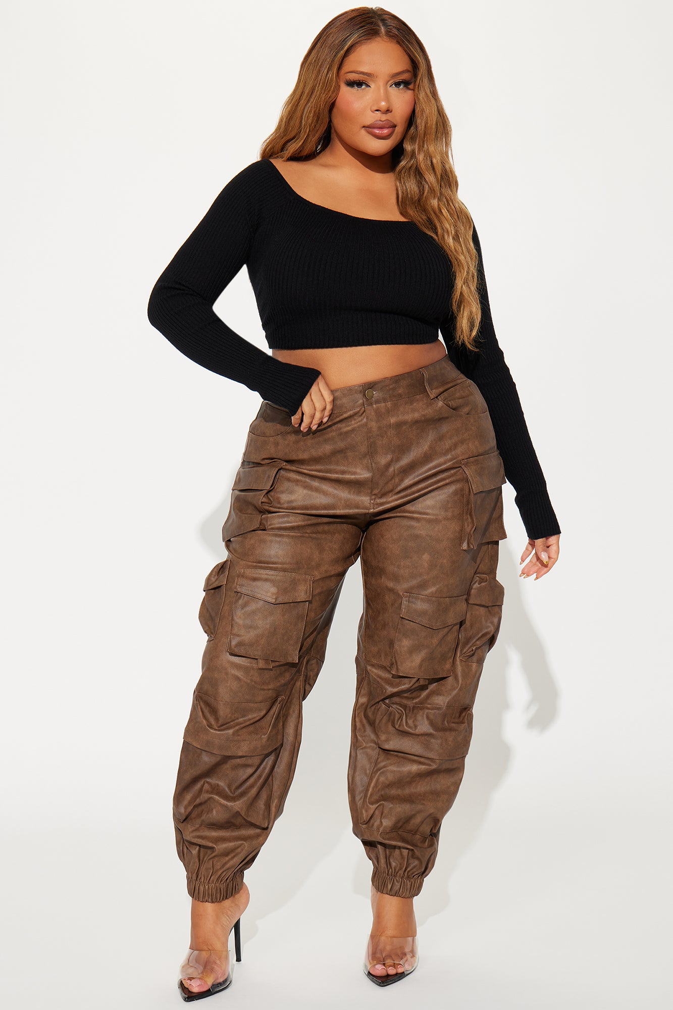 Weekend Warrior Washed Faux Leather Cargo Jogger - Brown - Image 5