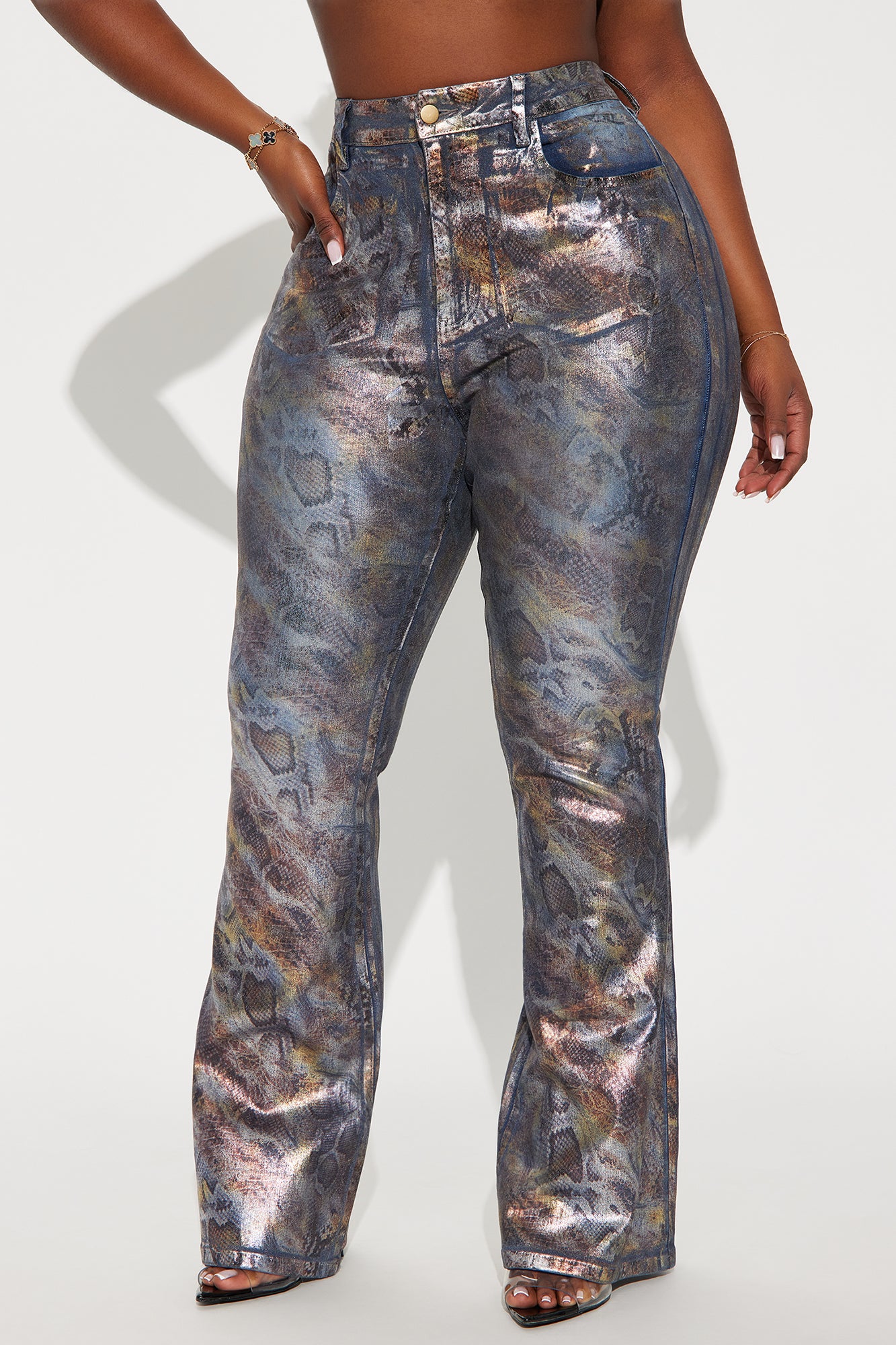 Sneaky Games Animal Print Foil Flare Jeans - Dark Wash - Image 4
