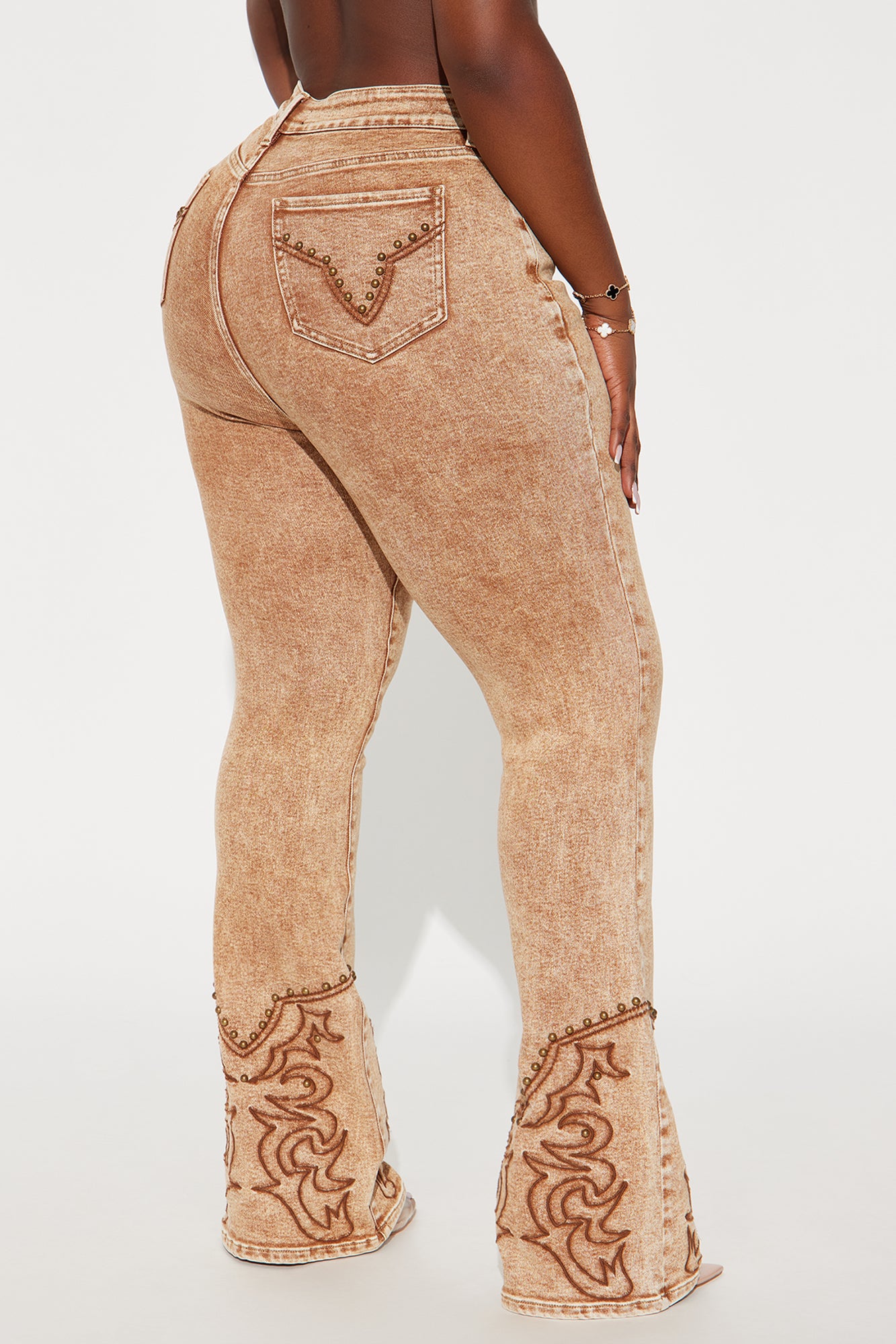 Letting It Ride Stretch Embellished Flare Jeans - Brown - Image 7