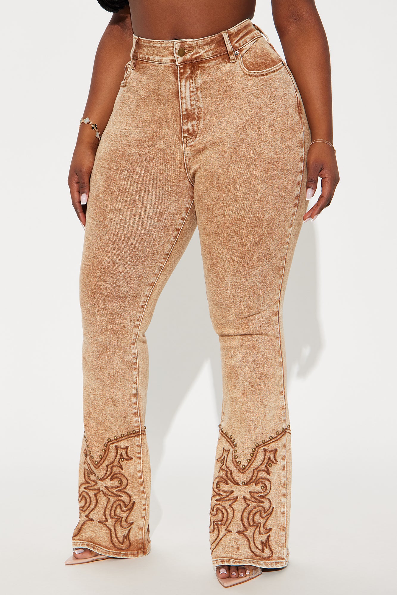 Letting It Ride Stretch Embellished Flare Jeans - Brown - Image 4