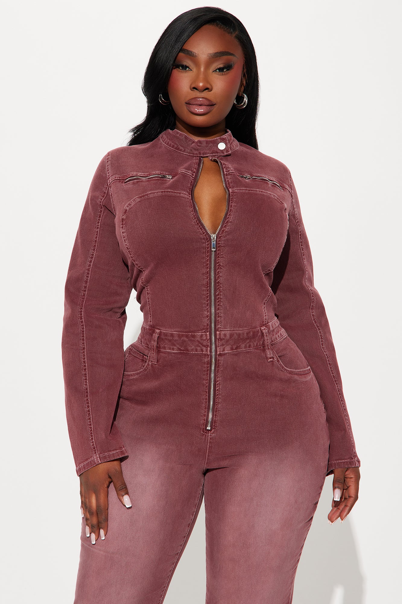 Hopped Off His Bike Denim Jumpsuit - Burgundy - Image 5