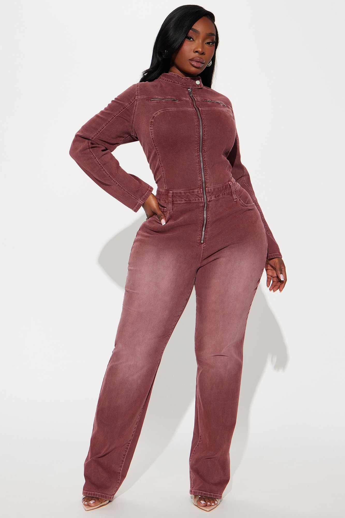 Hopped Off His Bike Denim Jumpsuit - Burgundy - Image 4