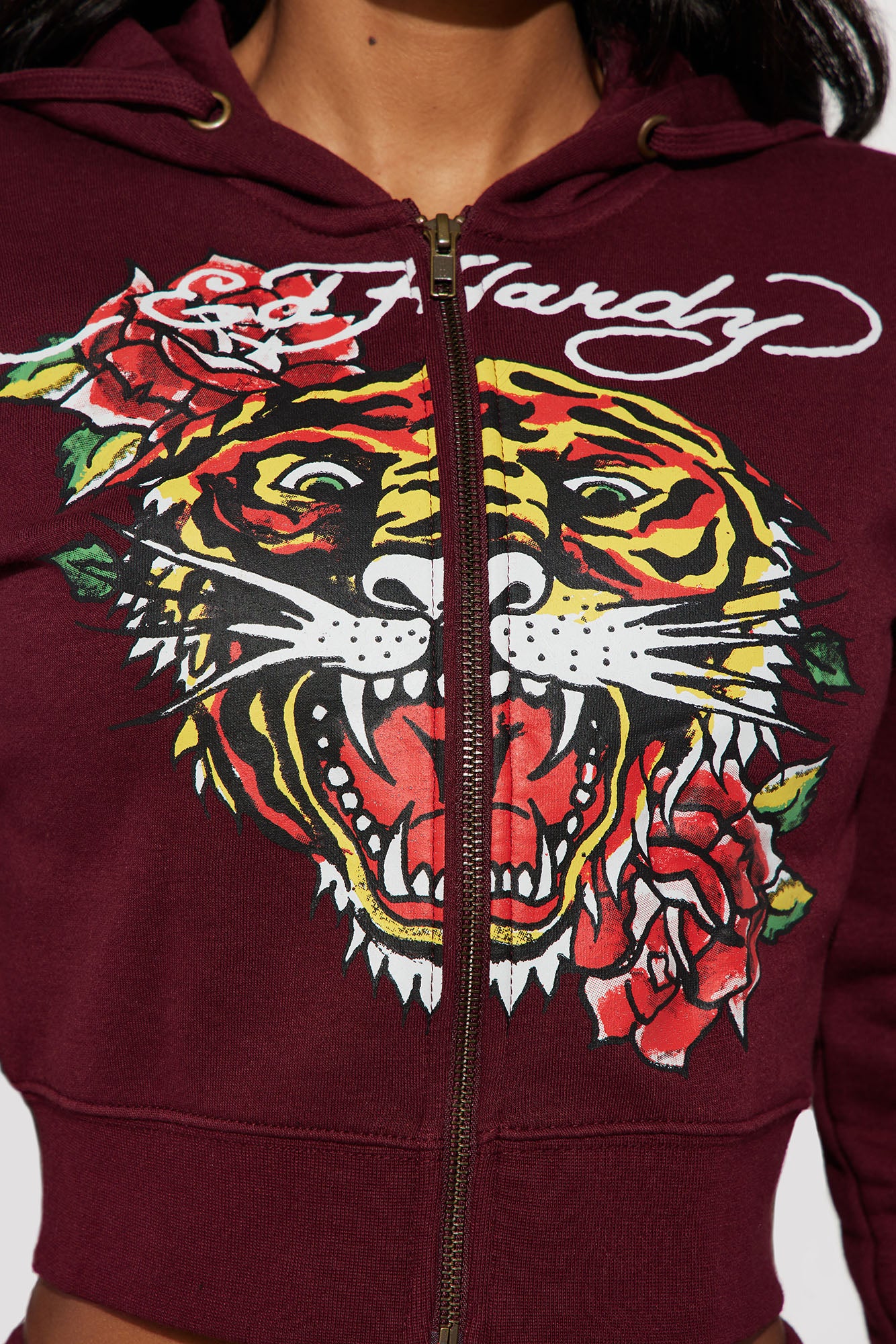 Retro Tiger Ed Hardy Zip Front Hoodie - Burgundy - Image 3