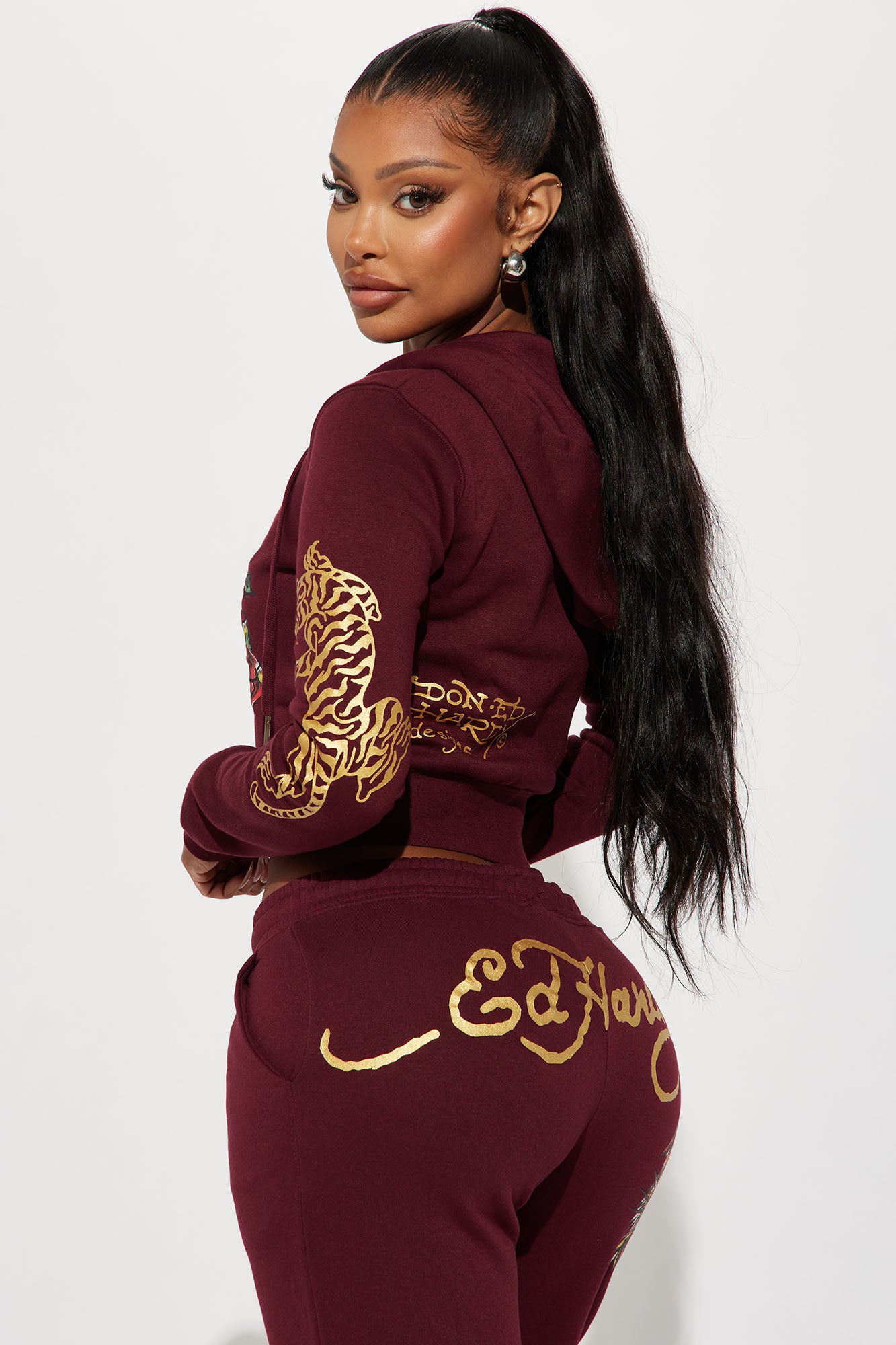 Retro Tiger Ed Hardy Zip Front Hoodie - Burgundy - Image 4