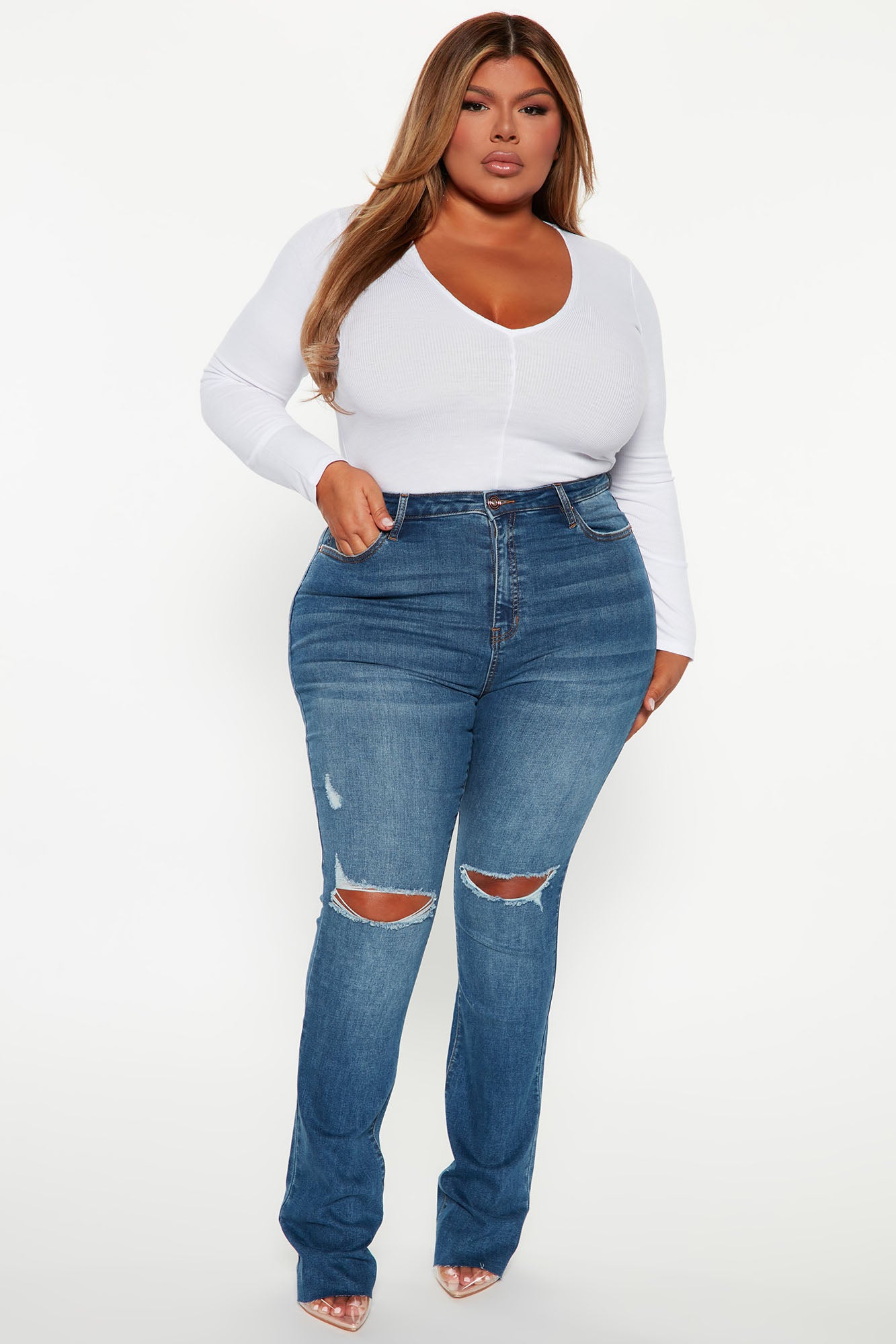 Best Stretch Ripped High Rise Bootcut Jeans - Dark Wash - Image 4