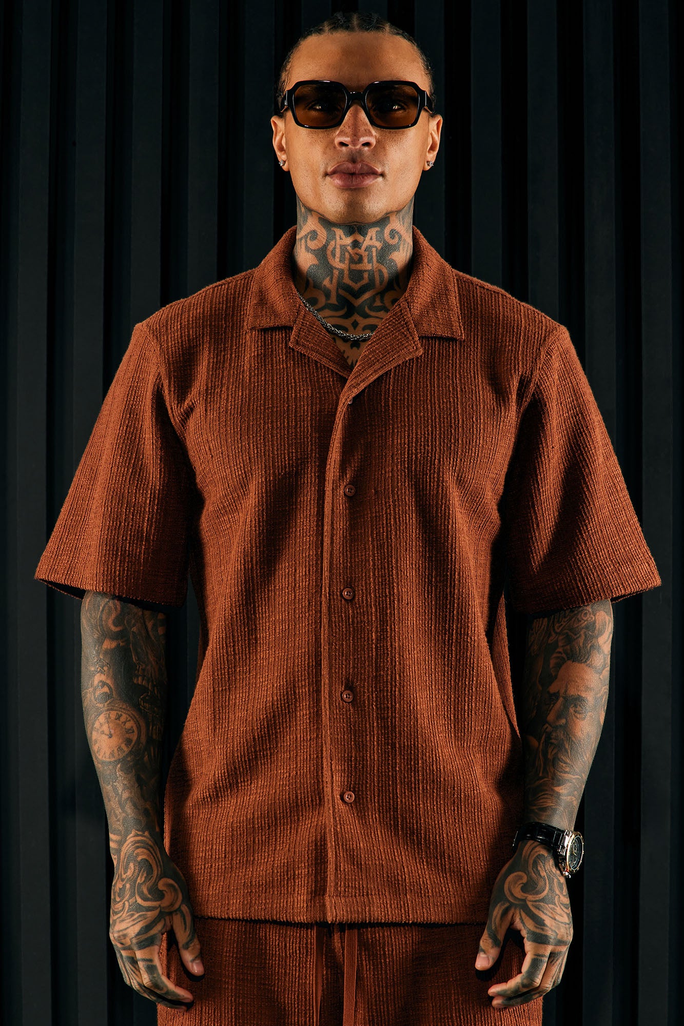 Dean Textured Short Sleeve Button Up Shirt - Chocolate - Image 3