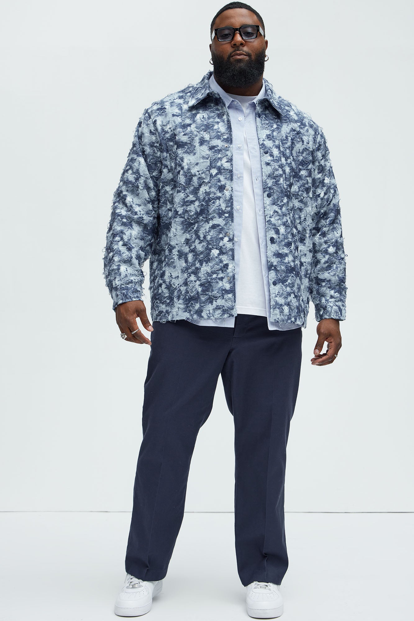 Babson Distressed Denim Like Button Up Shirt - Blue/combo - Image 6