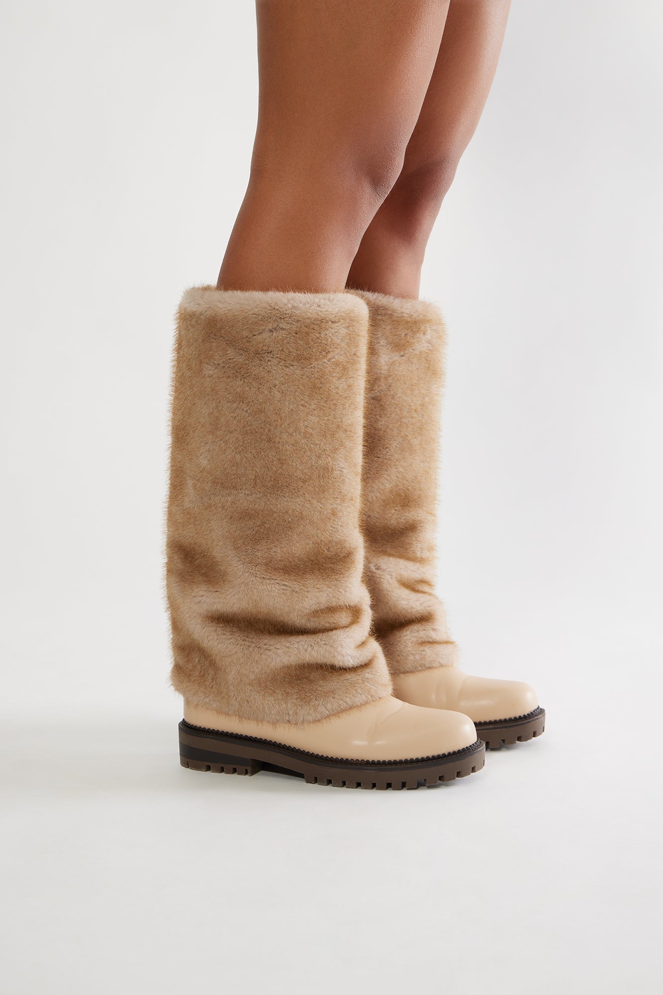 Luna Faux Fur Knee High Boots - Beige - Image 4