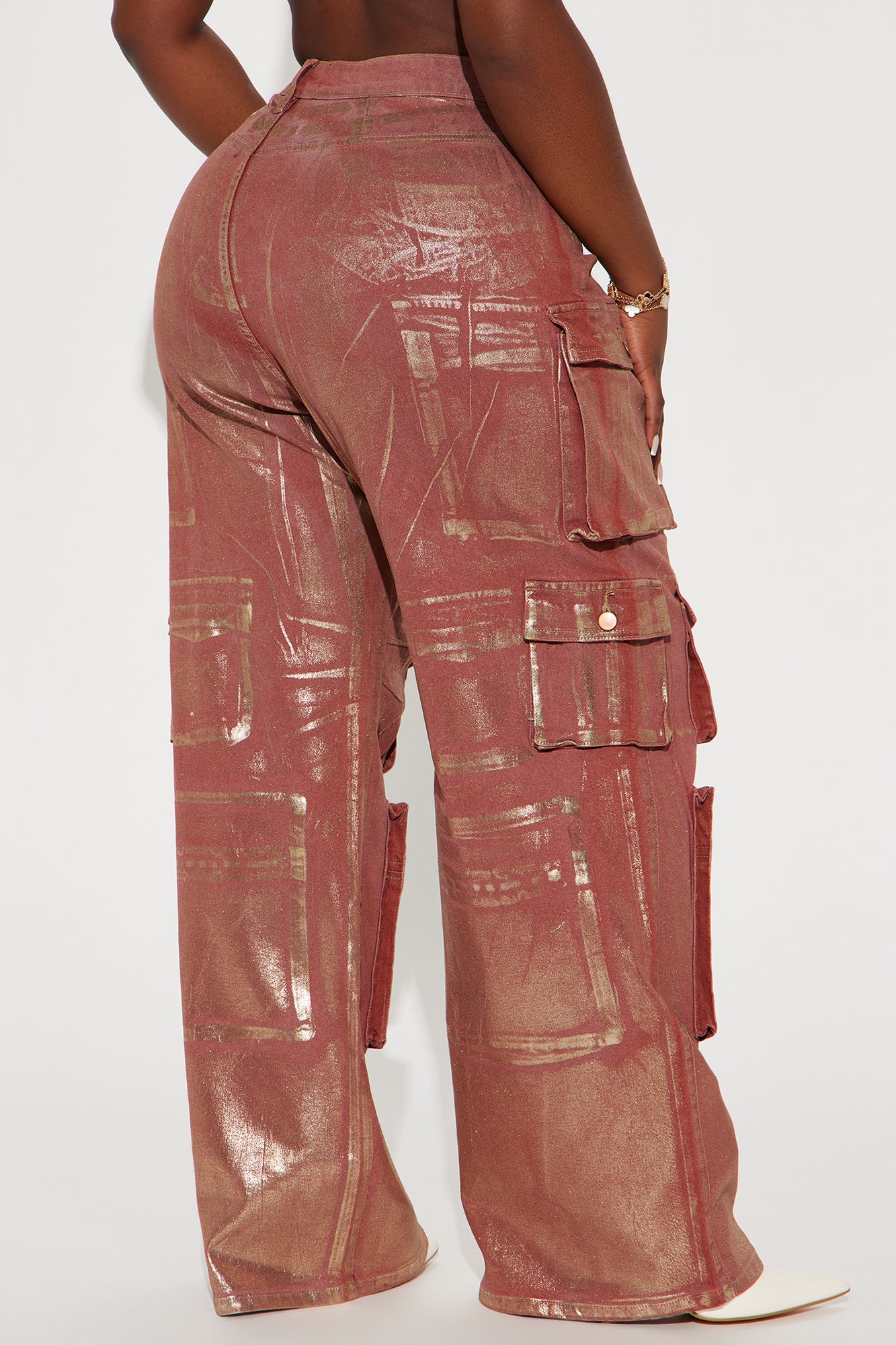 Time To Shine Foil Baggy Cargo Jeans - Burgundy - Image 6