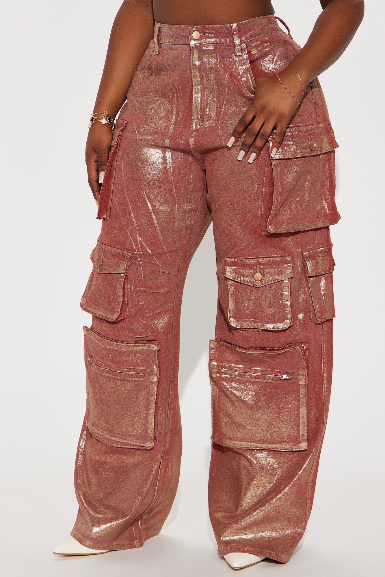 Time To Shine Foil Baggy Cargo Jeans - Burgundy - Image 5