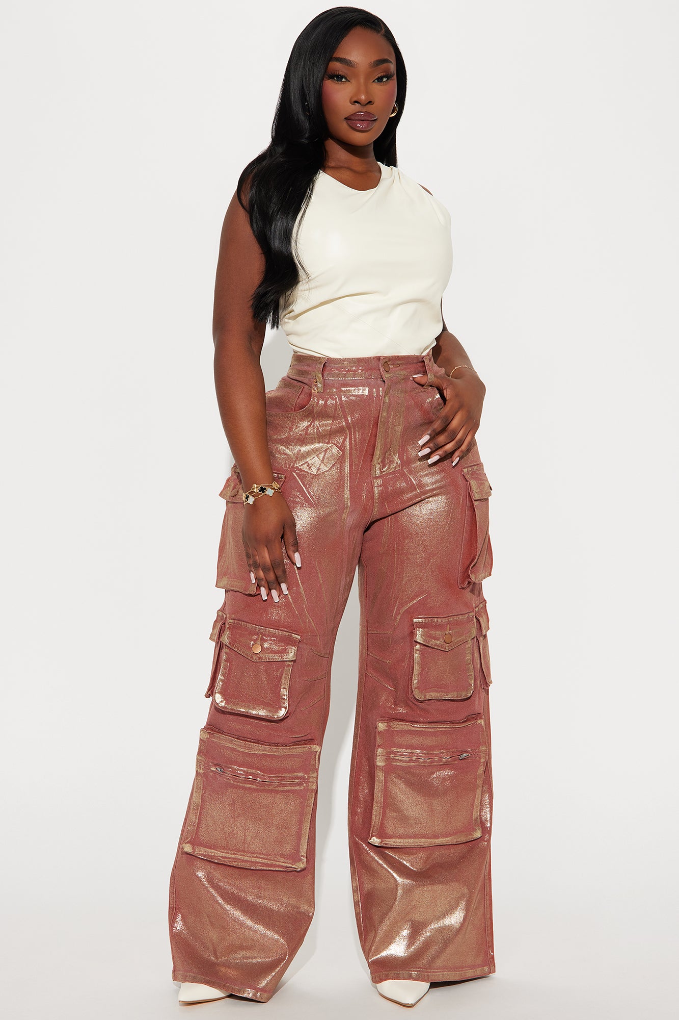 Time To Shine Foil Baggy Cargo Jeans - Burgundy - Image 4