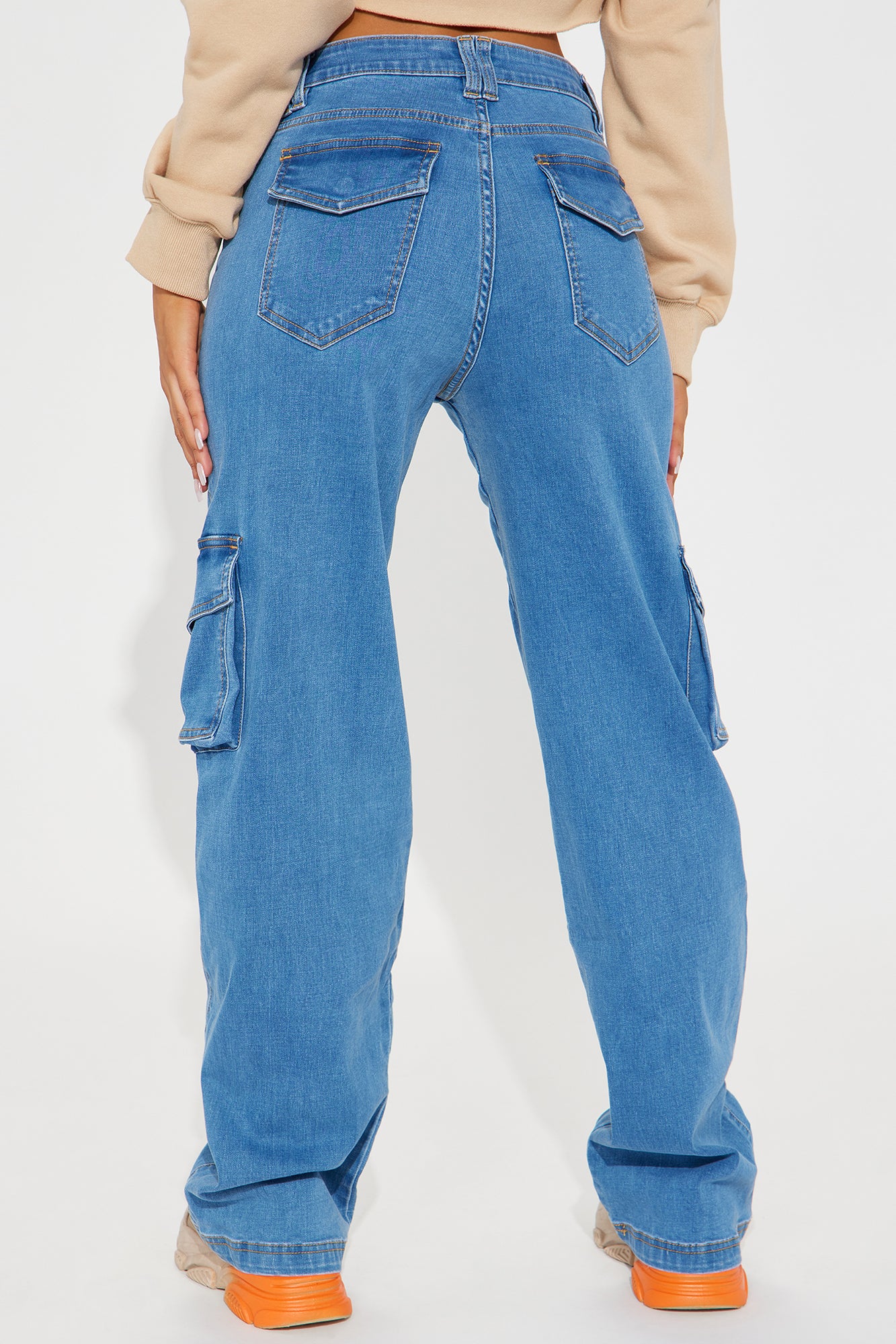 Can't Knock Me Down Stretch Cargo Jeans - Medium Blue Wash - Image 3