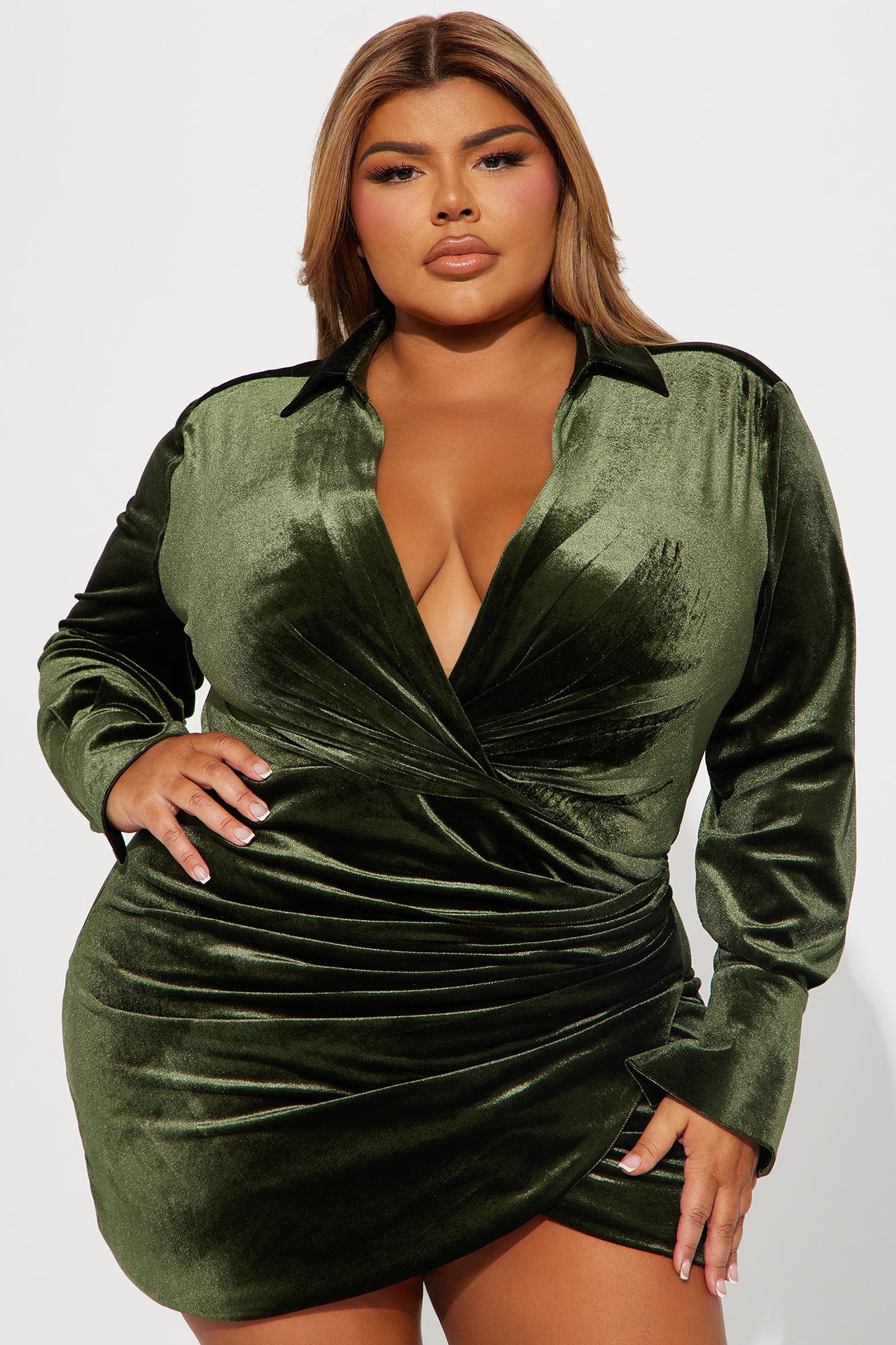 Aria Velvet Mini Shirt Dress - Hunter - Image 4
