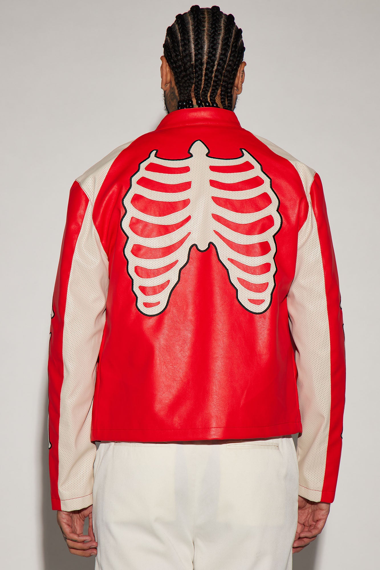Bones Faux Leather Motocross Jacket - Red - Image 3