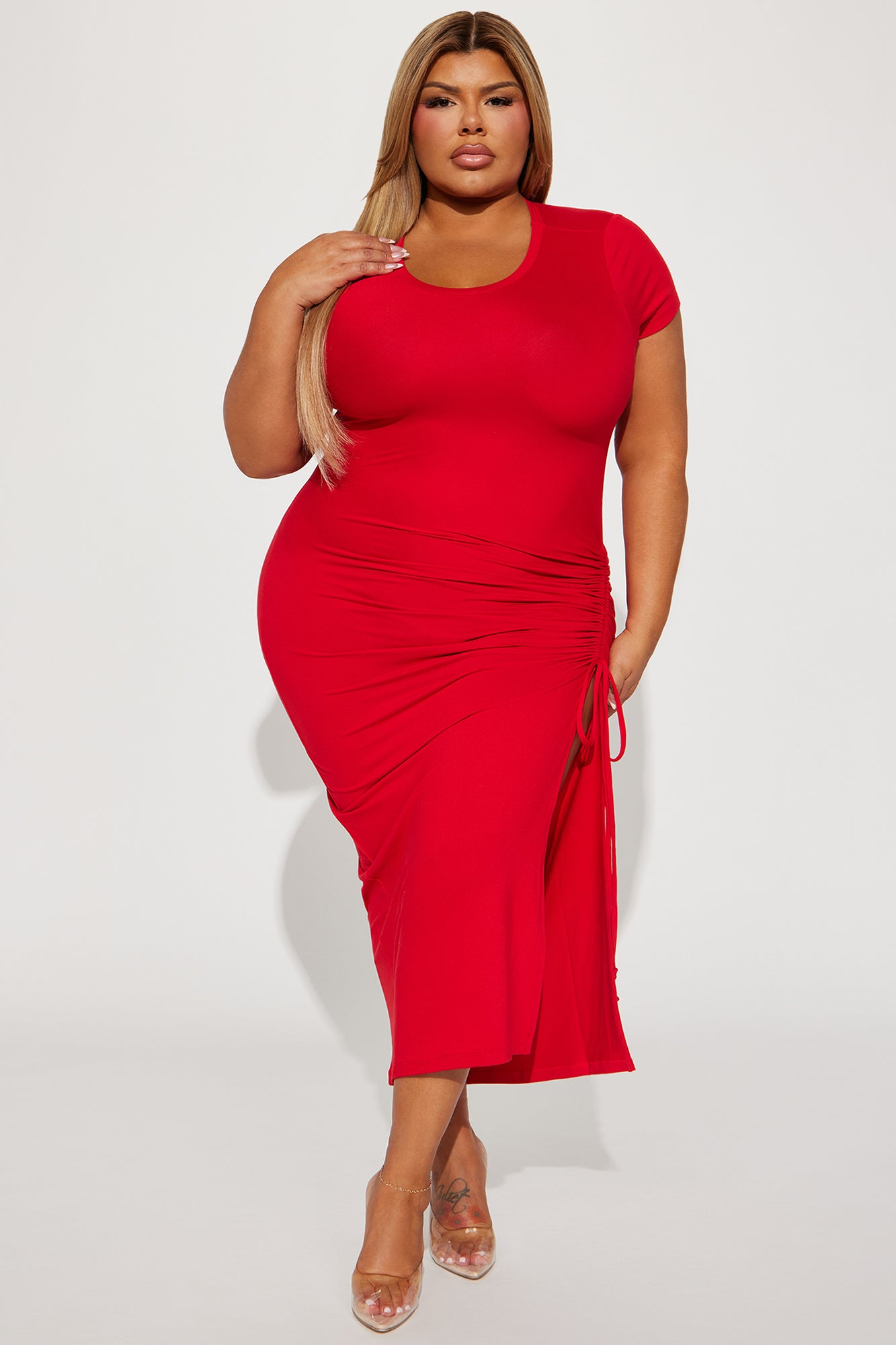 Dani Ruched Midi Dress - Red - Image 4