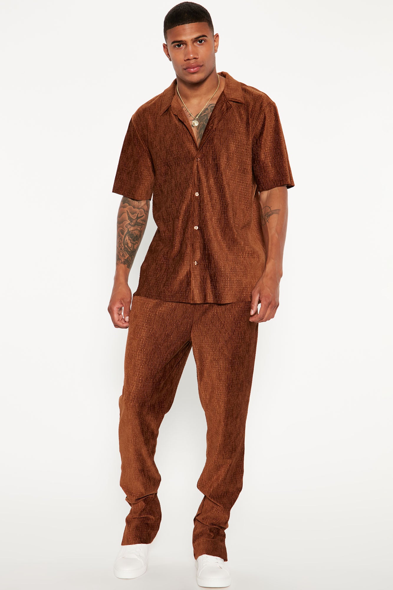 Wavy Textured Short Sleeve Cuban Shirt - Chocolate - Image 4