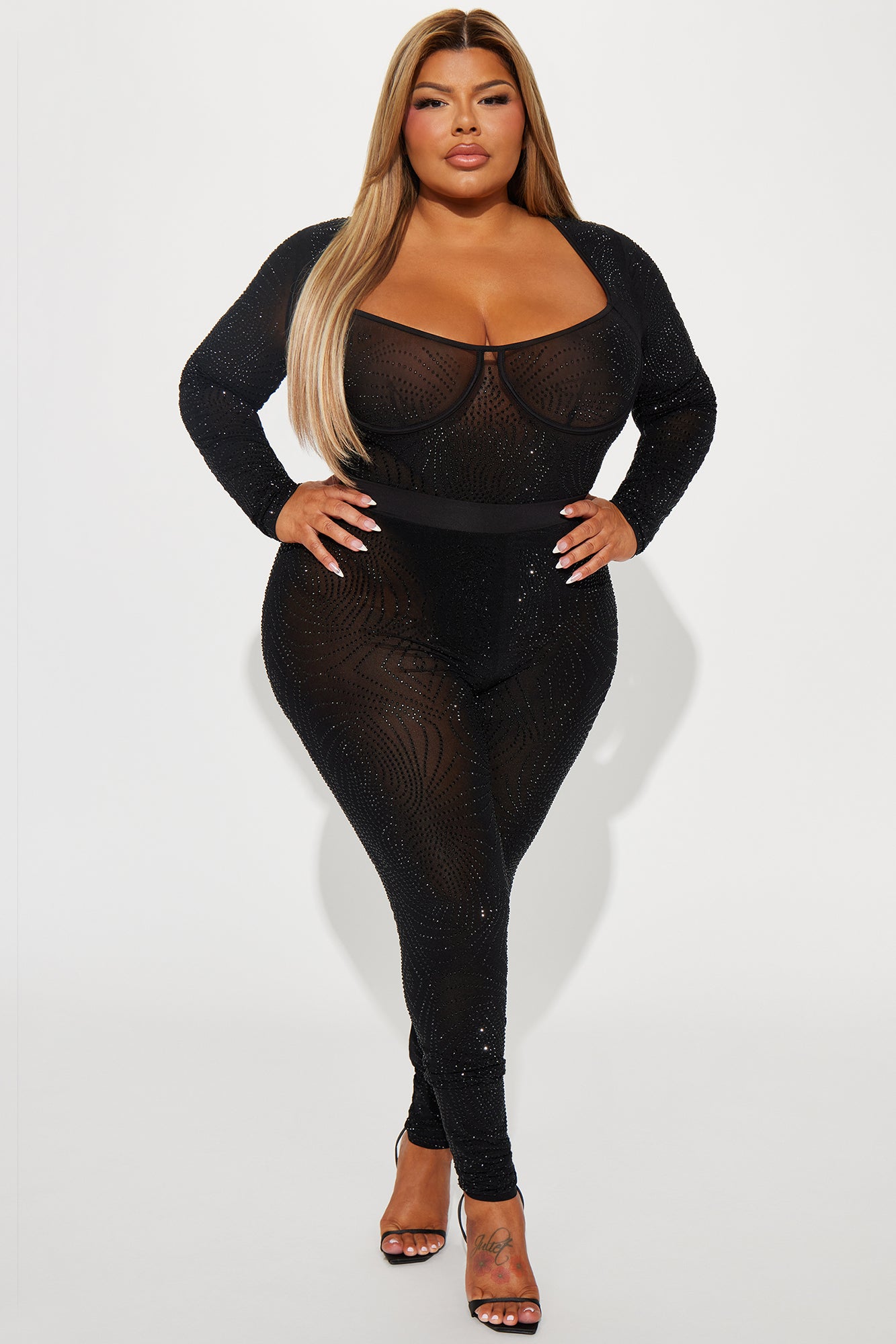 Always A Baddie Rhinestone Mesh Legging Set - Black - Image 5