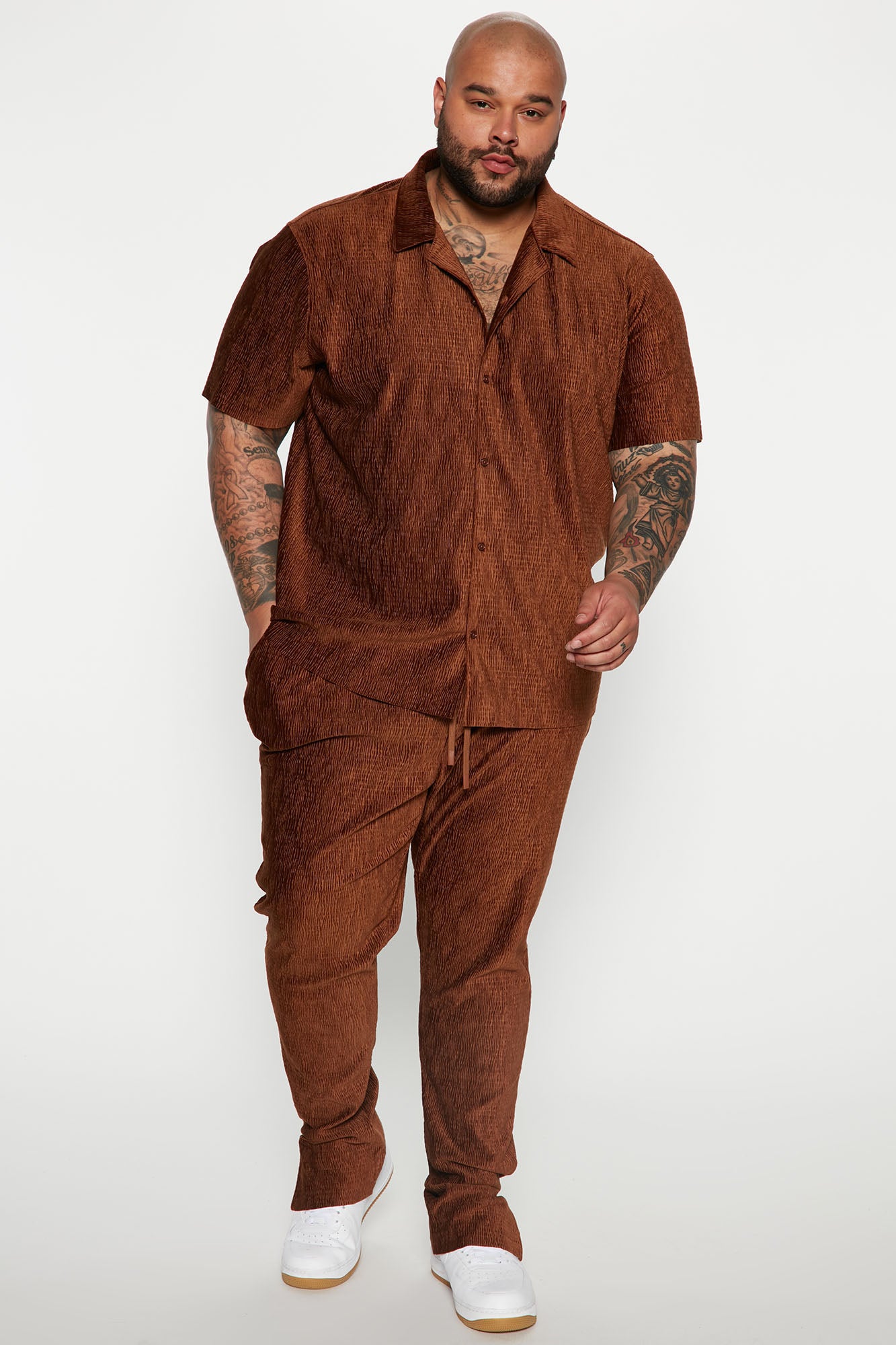 Wavy Textured Short Sleeve Cuban Shirt - Chocolate - Image 6