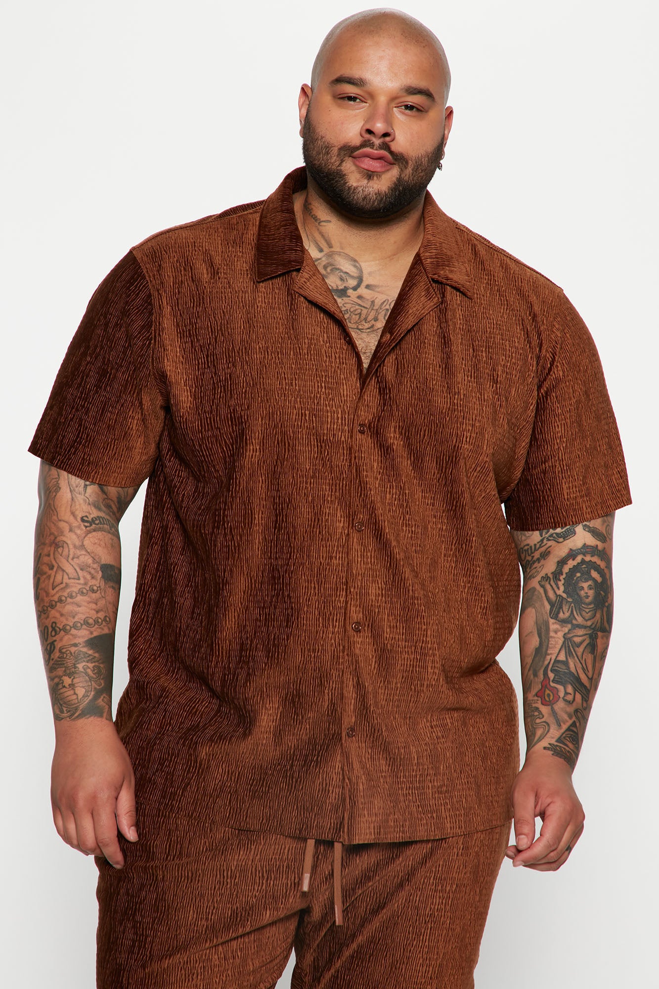 Wavy Textured Short Sleeve Cuban Shirt - Chocolate - Image 3