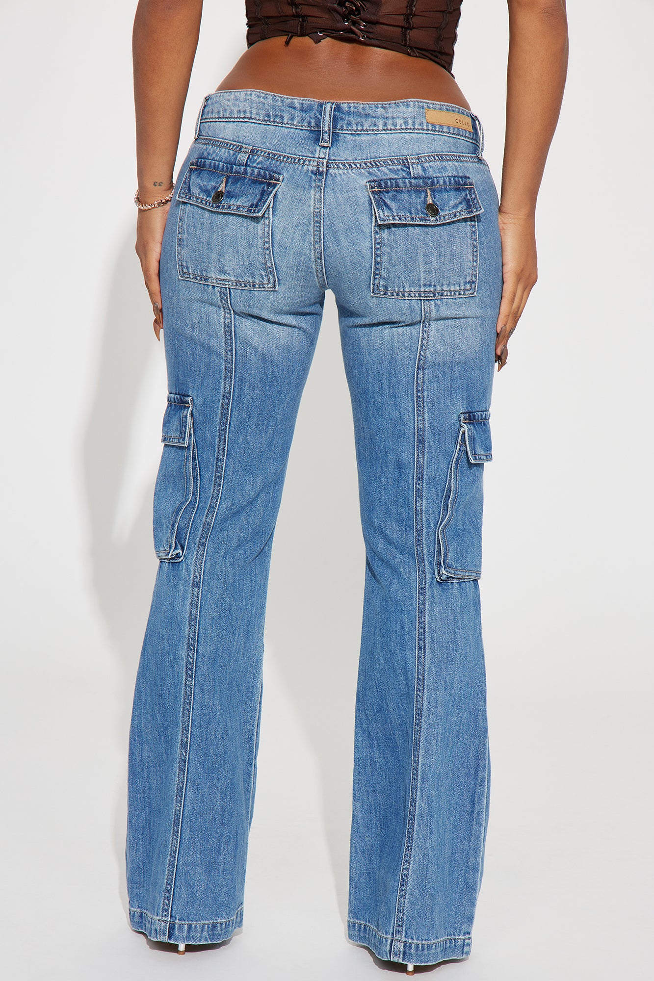 Dropping By Cargo Flare Jeans - Medium Wash - Image 3