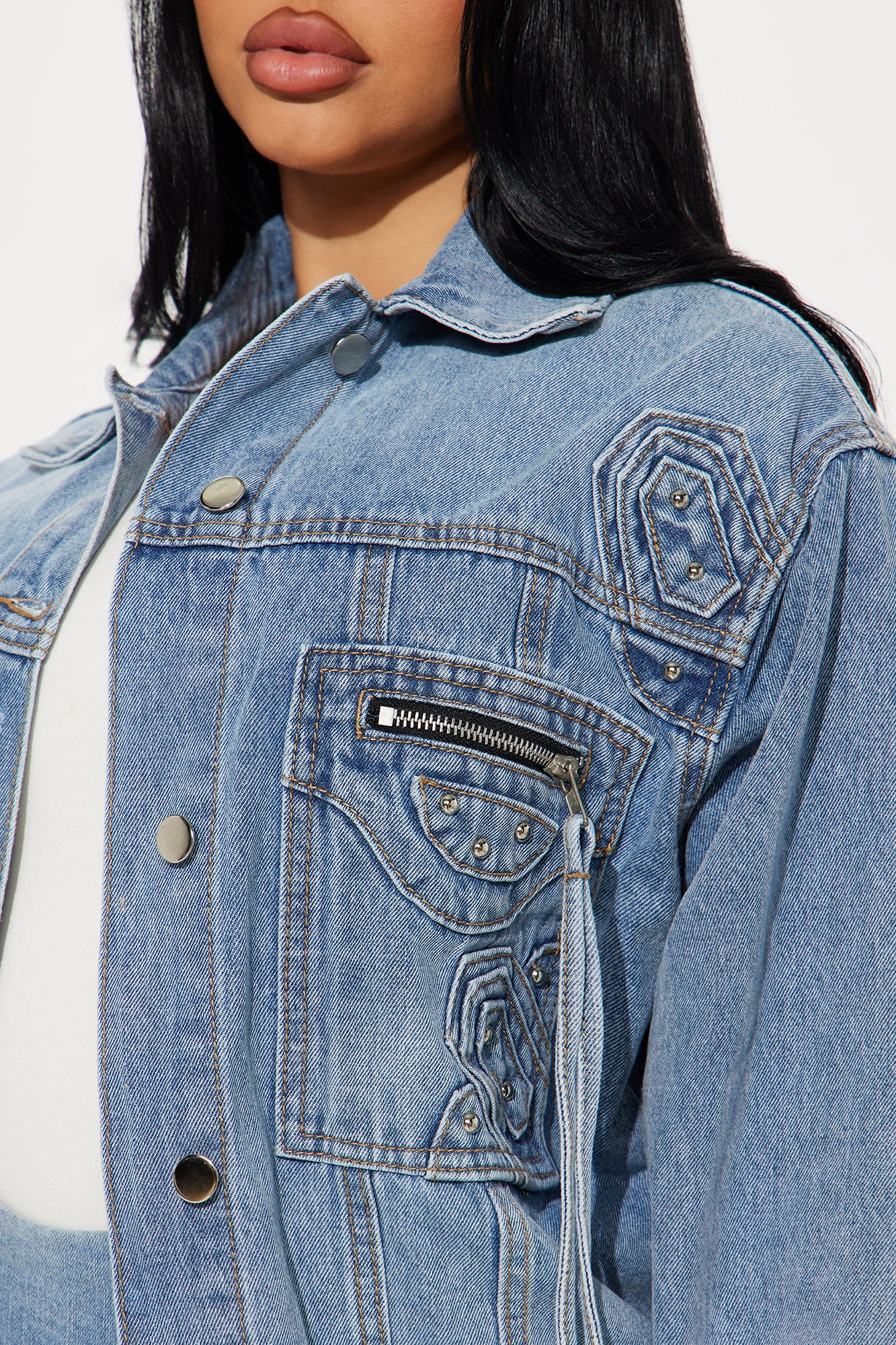 Big Impact Studded Denim Jacket - Light Wash - Image 3