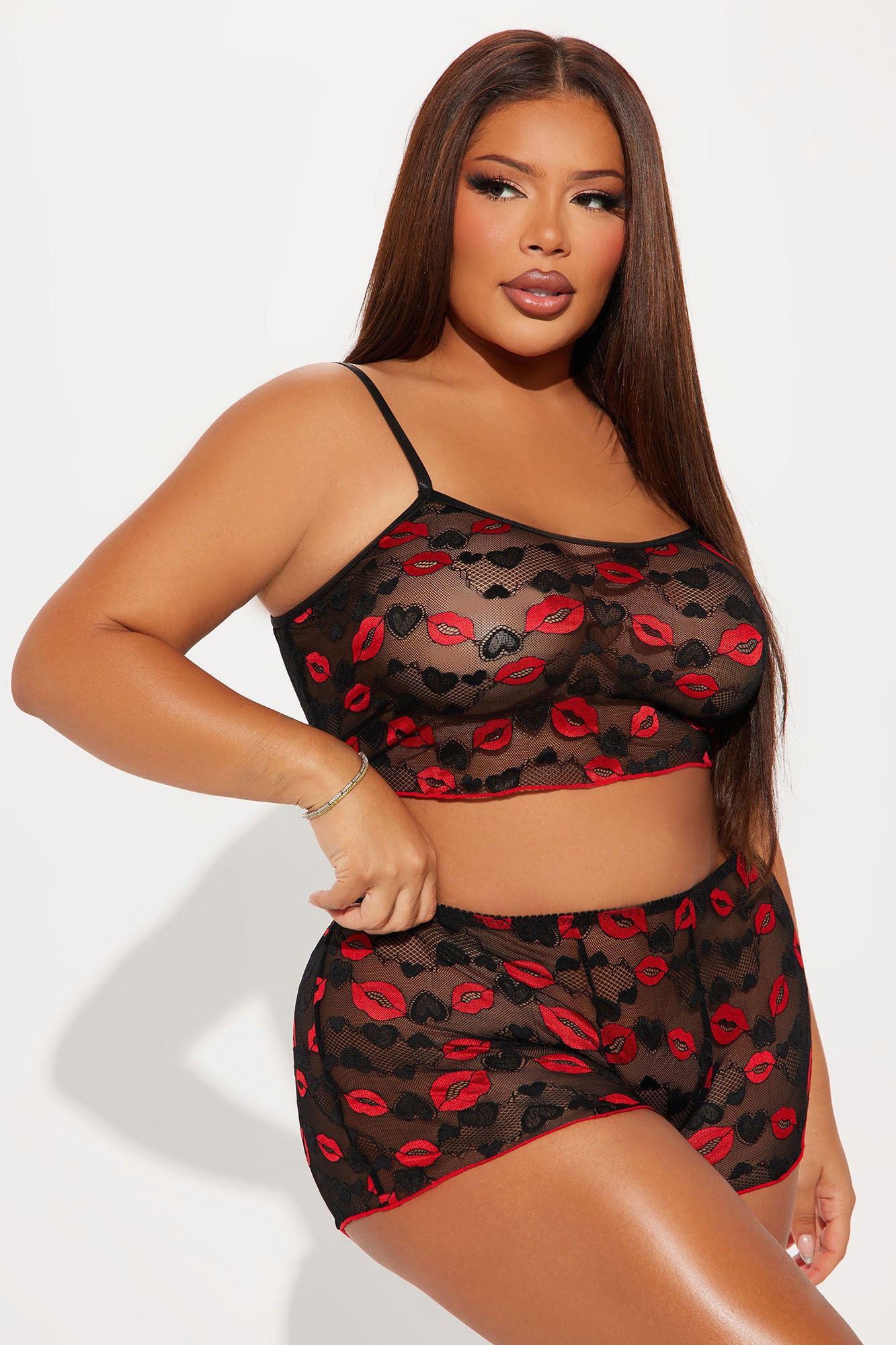 Mia Kiss Kiss Lace 2 Piece Set - Black/Red - Image 4