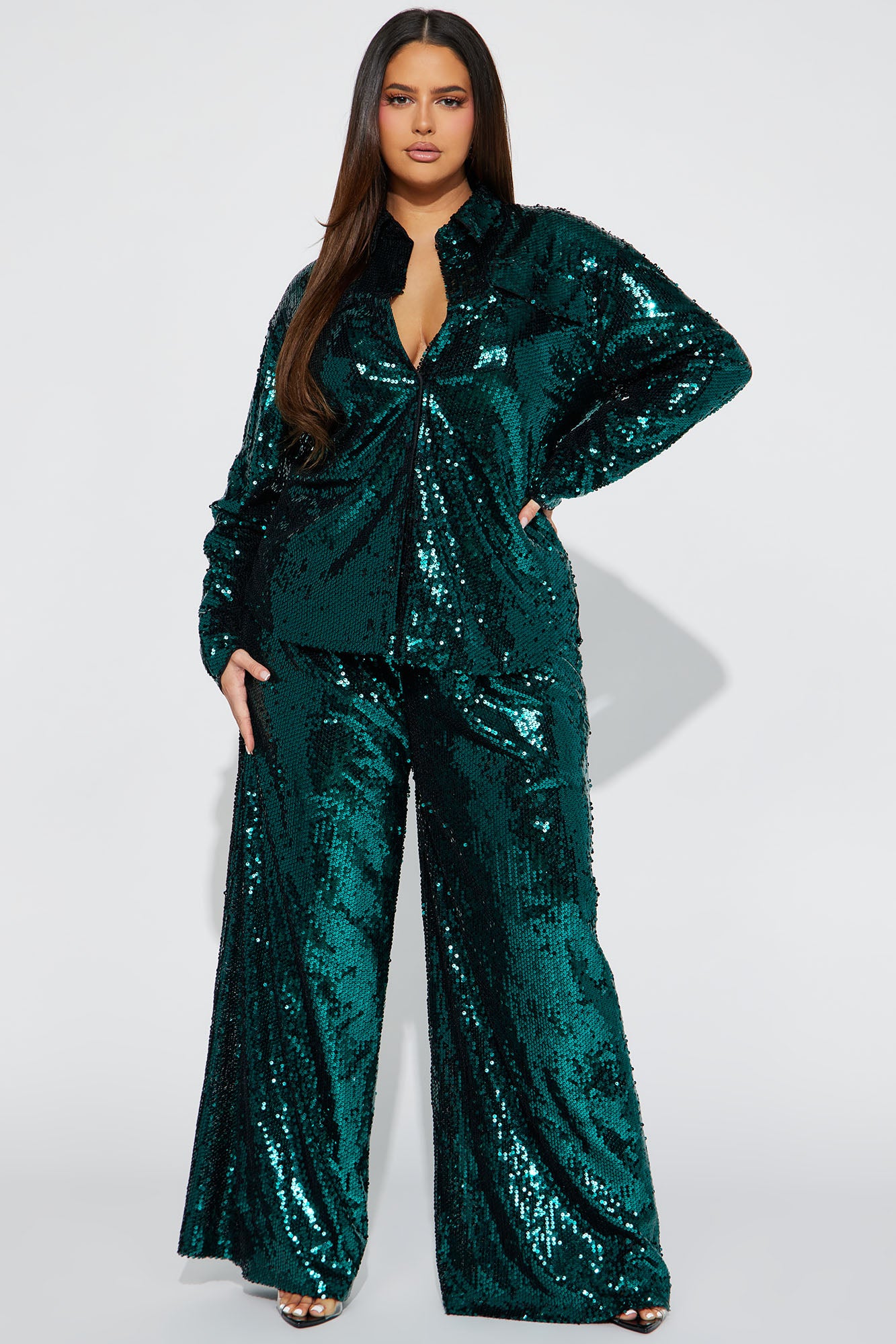 All In Sequin Pant Set - Emerald - Image 4