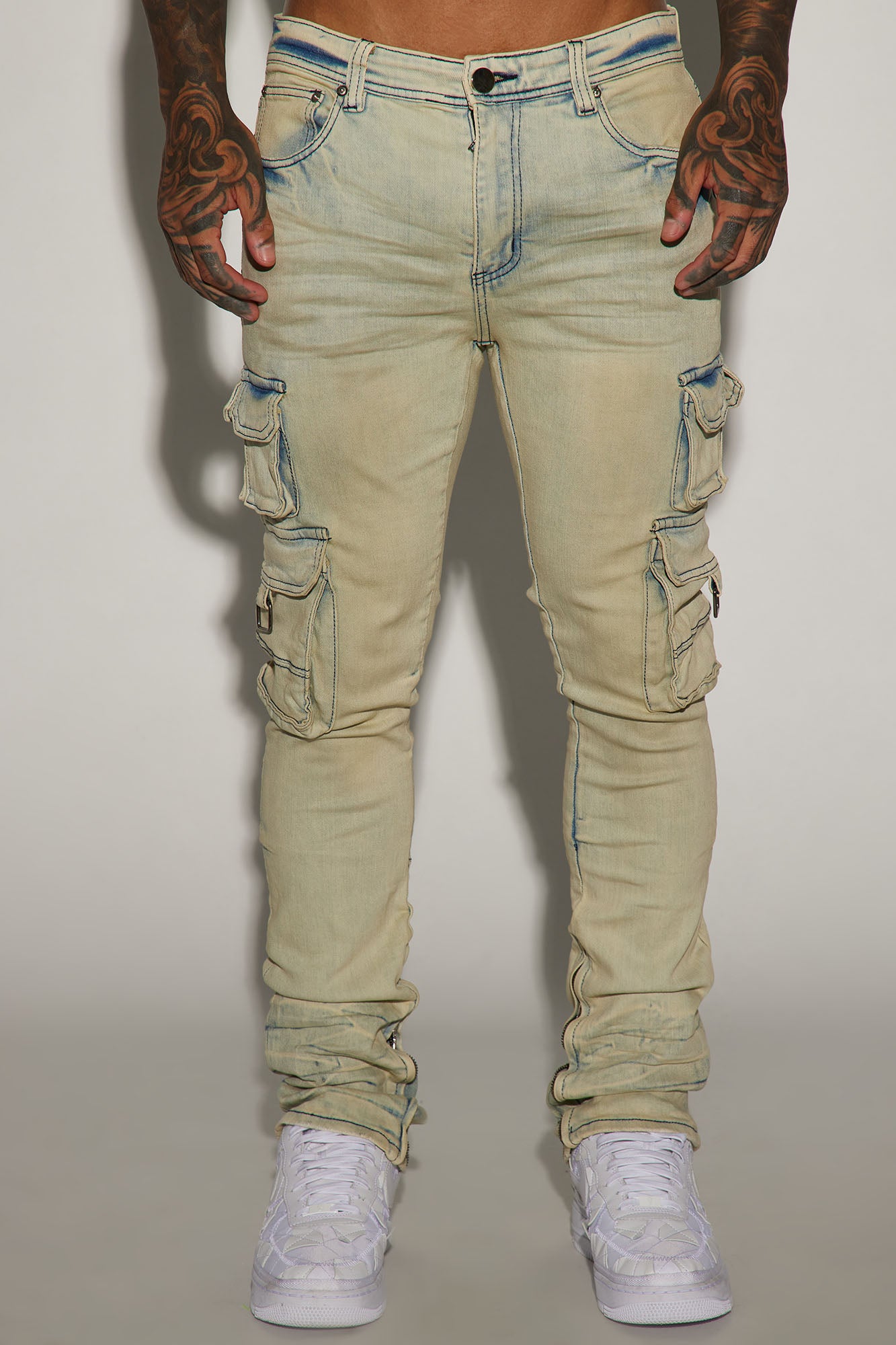 Get This Cargo Stacked Skinny Zipper Flare Jeans - Light Wash - Image 4