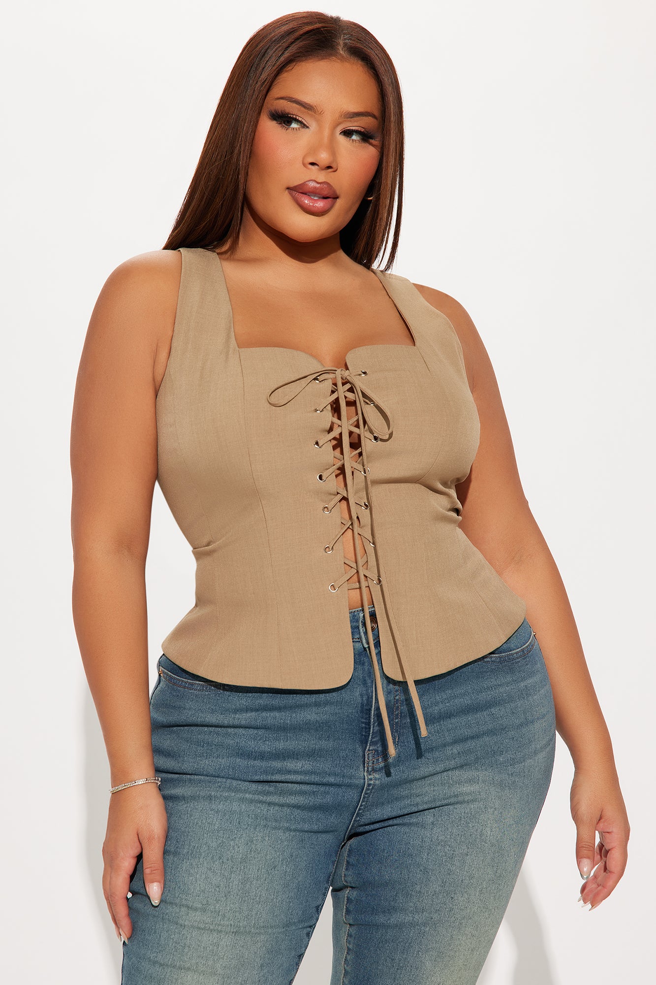 Topic Of Conversation Lace Up Top - Khaki - Image 4