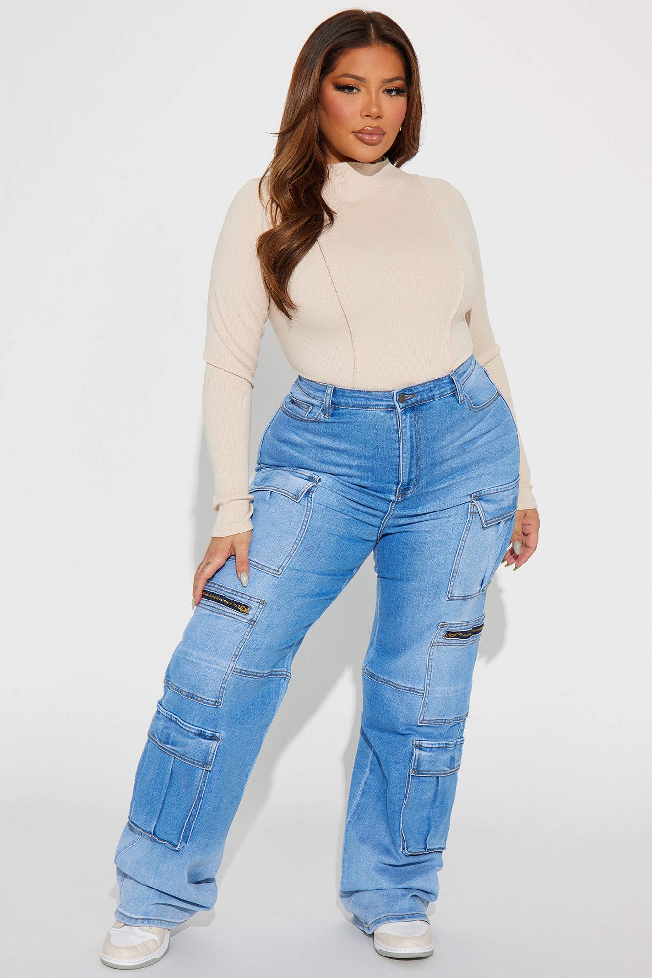 Back Talking Stretch Straight Cargo Jeans - Medium Wash - Image 4