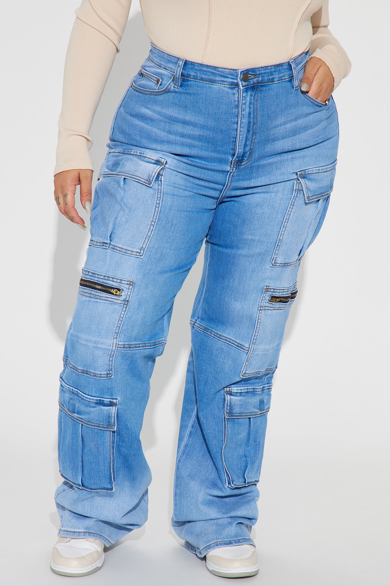Back Talking Stretch Straight Cargo Jeans - Medium Wash - Image 5
