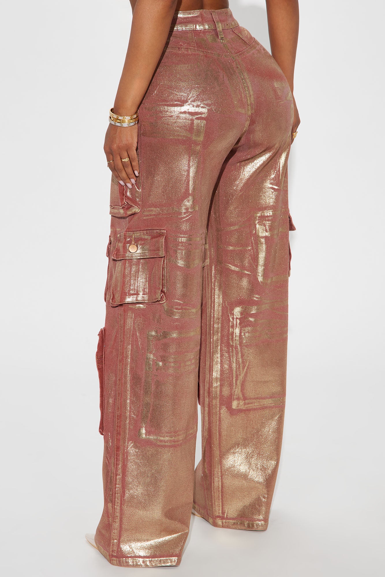 Time To Shine Foil Baggy Cargo Jeans - Burgundy - Image 3