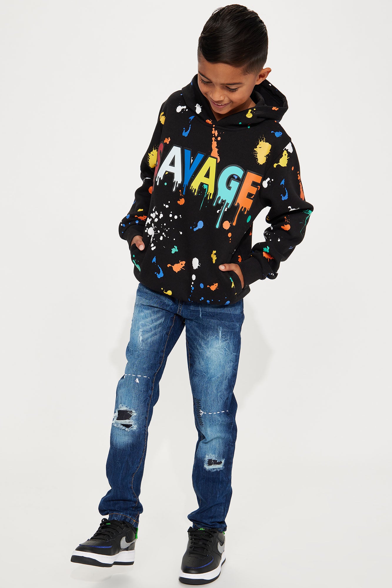 Mini Straight Savage Paint Splatter Fleece Hoodie - Black - Image 3