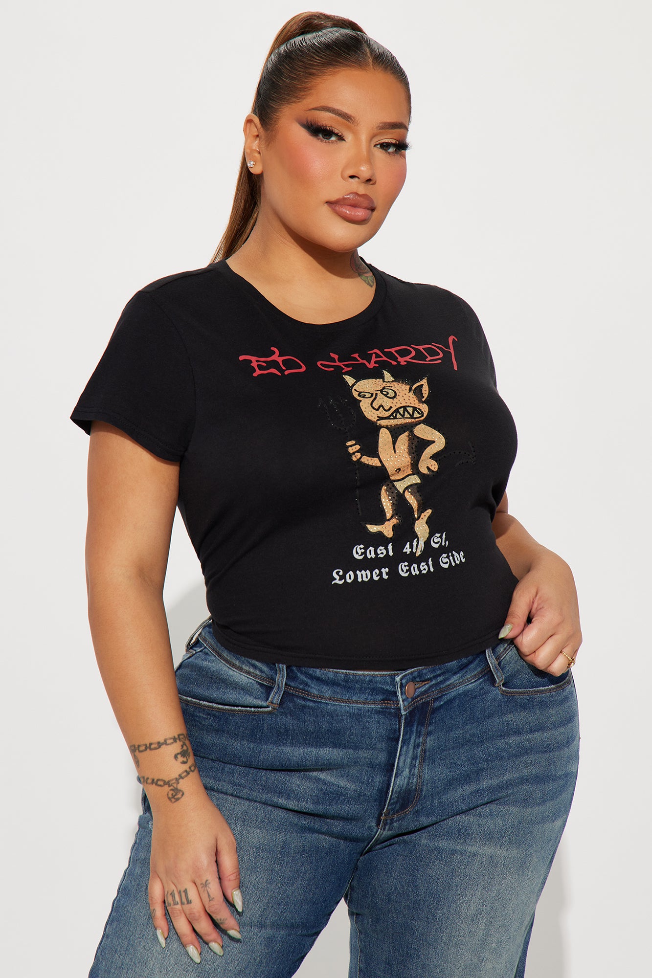 Baby Devil Ed Hardy Rhinestone Tee - Black - Image 6