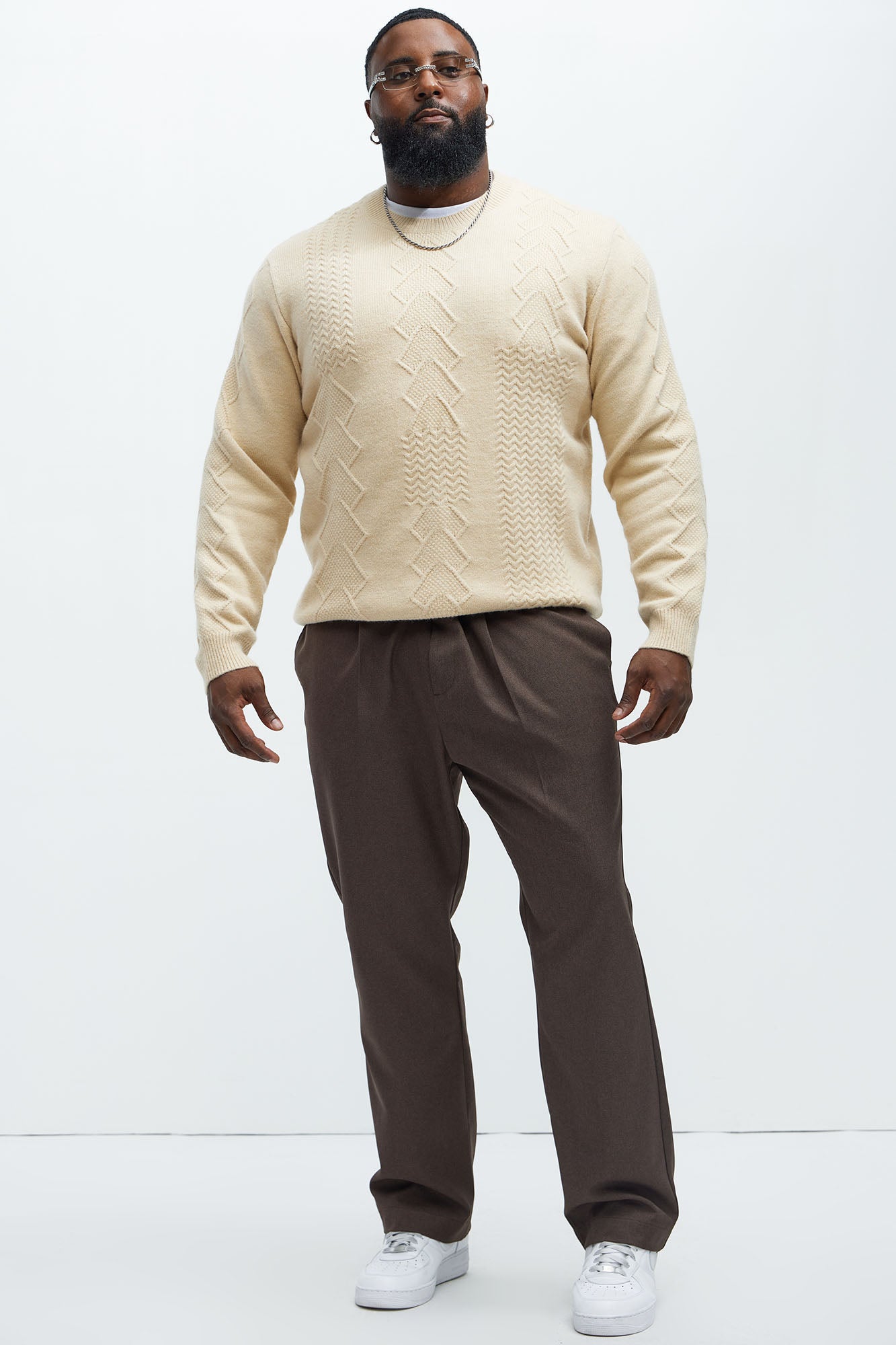 Argus Mixed Cable Knit Crewneck Sweater - Beige - Image 6