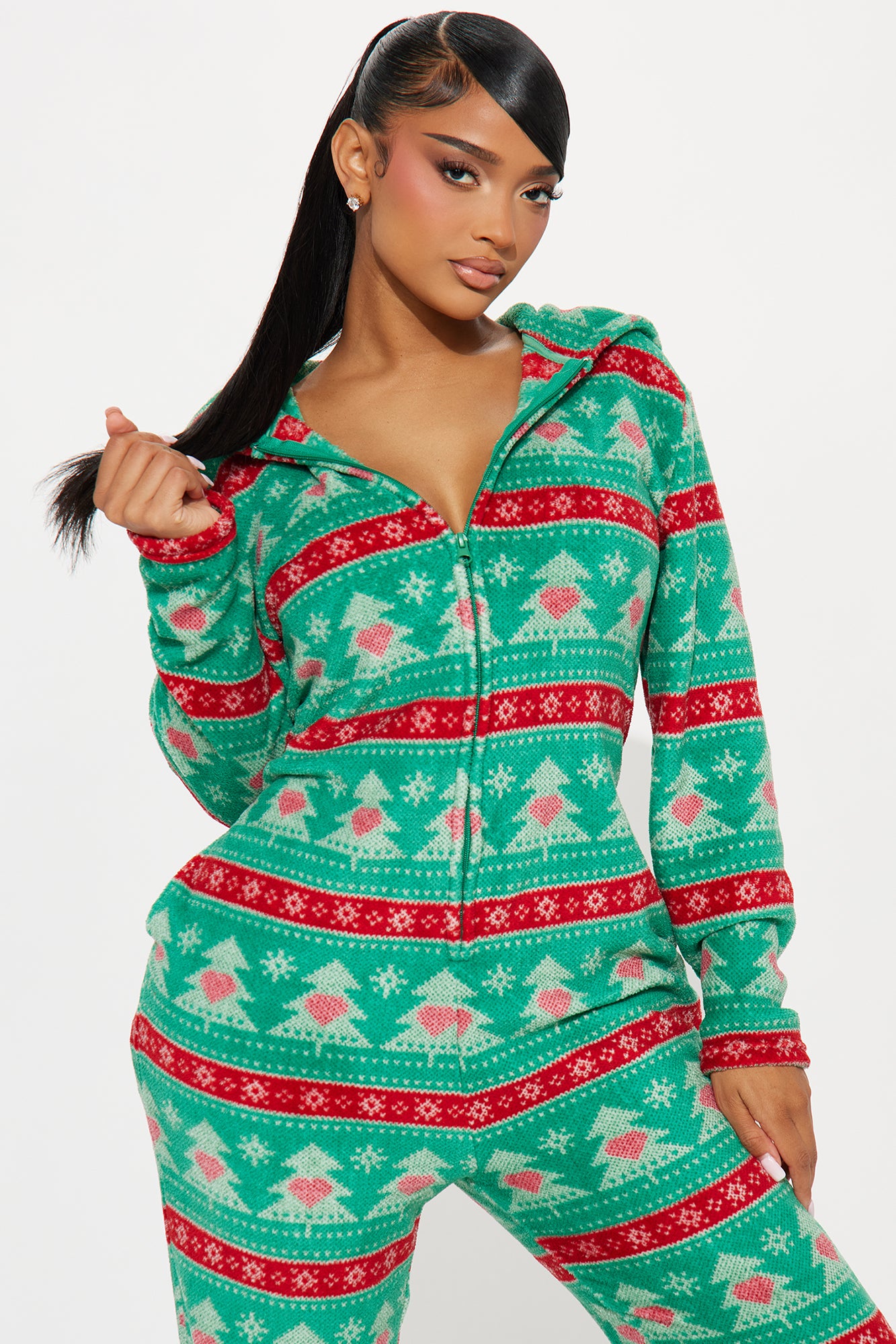 Holly Jolly Mood Plush PJ Jumpsuit Onesie - Green/combo - Image 3