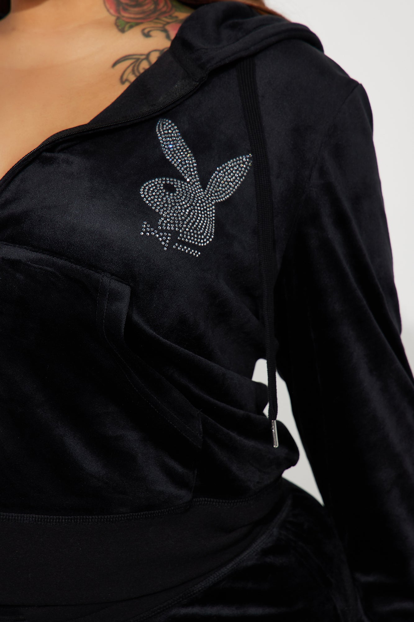 Velour Playboy Zip Font Hoodie - Black - Image 7