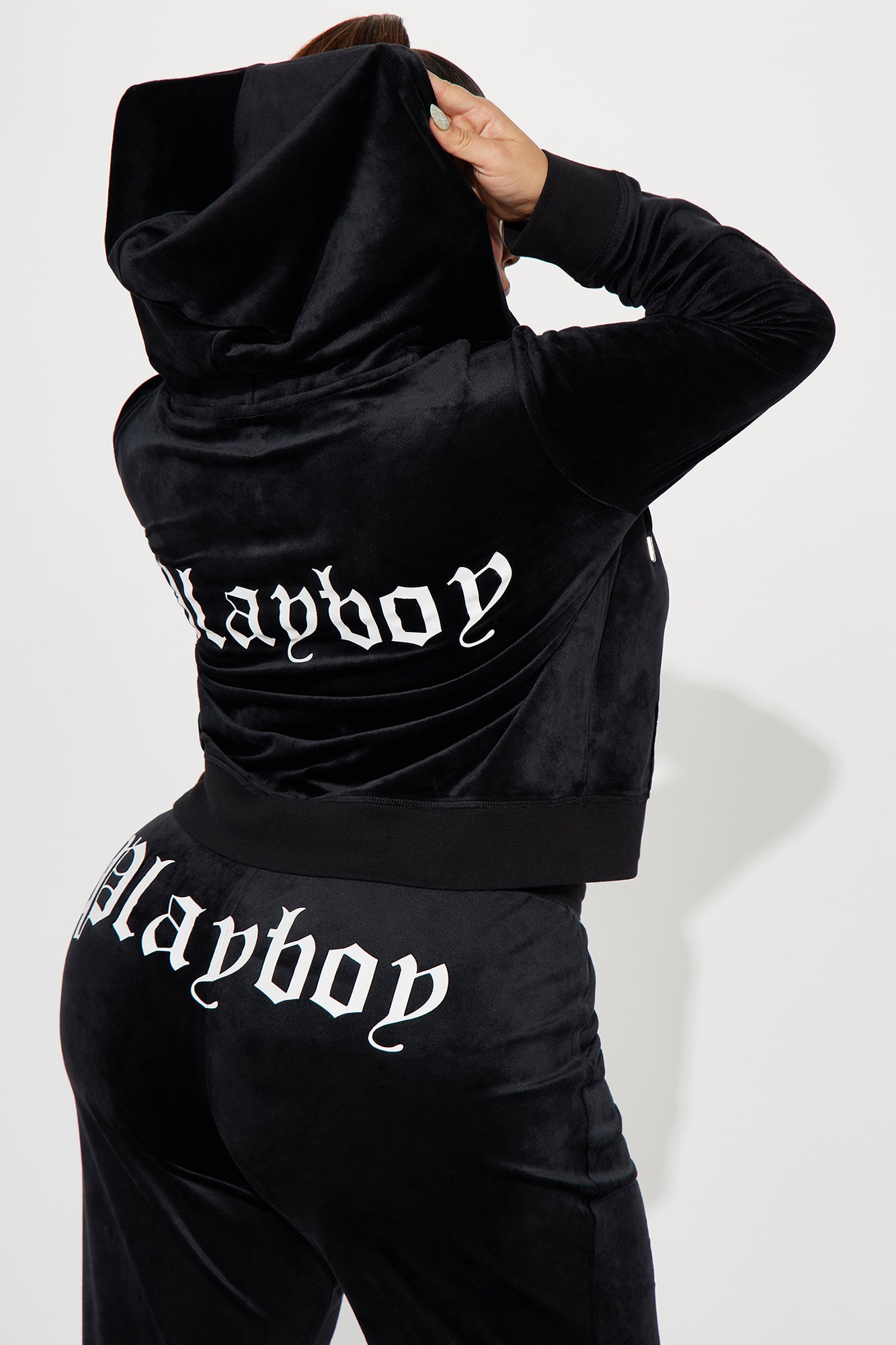Velour Playboy Zip Font Hoodie - Black - Image 8