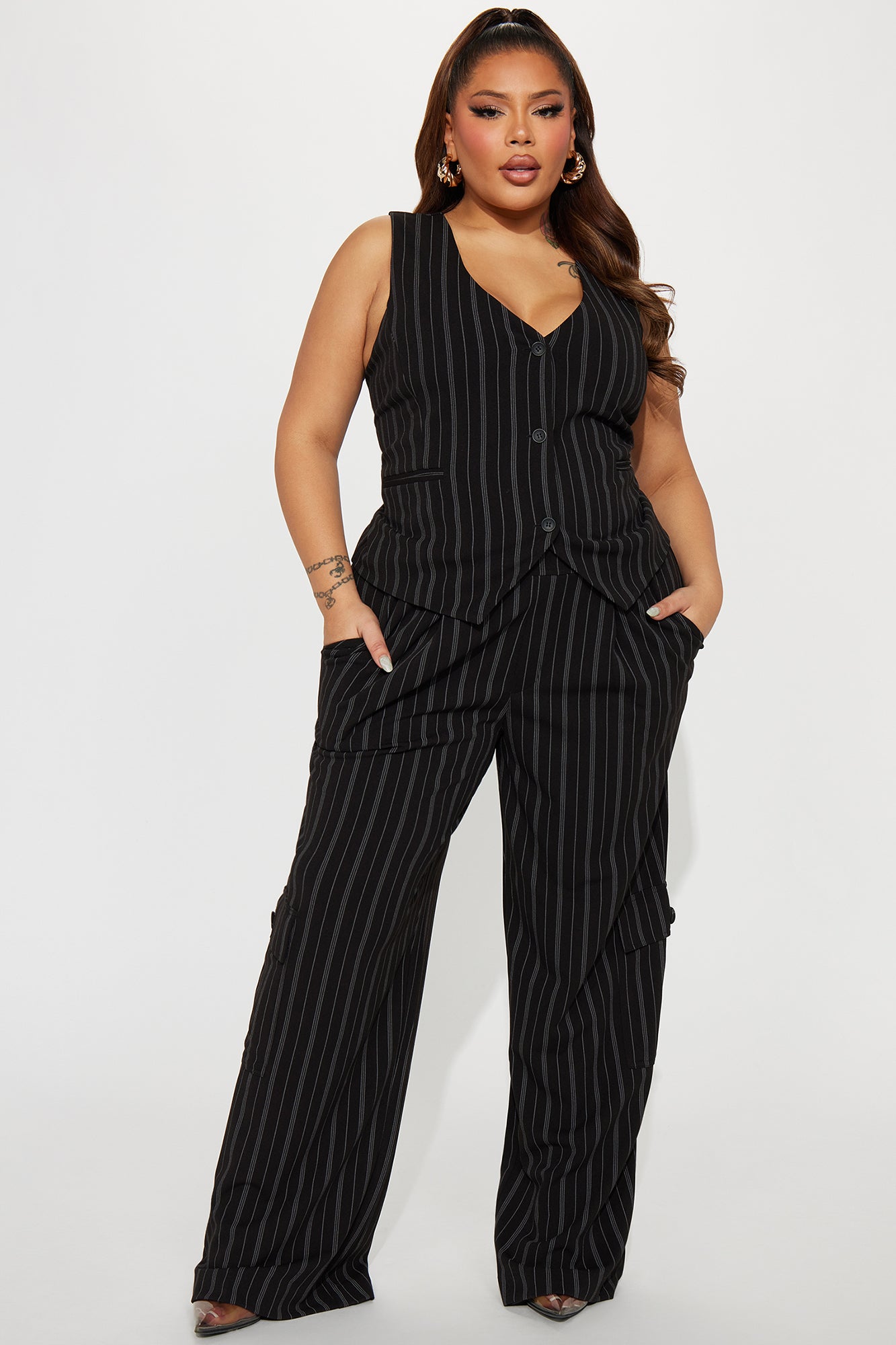 Heidy Pinstripe Vest Pant Set - Black - Image 4
