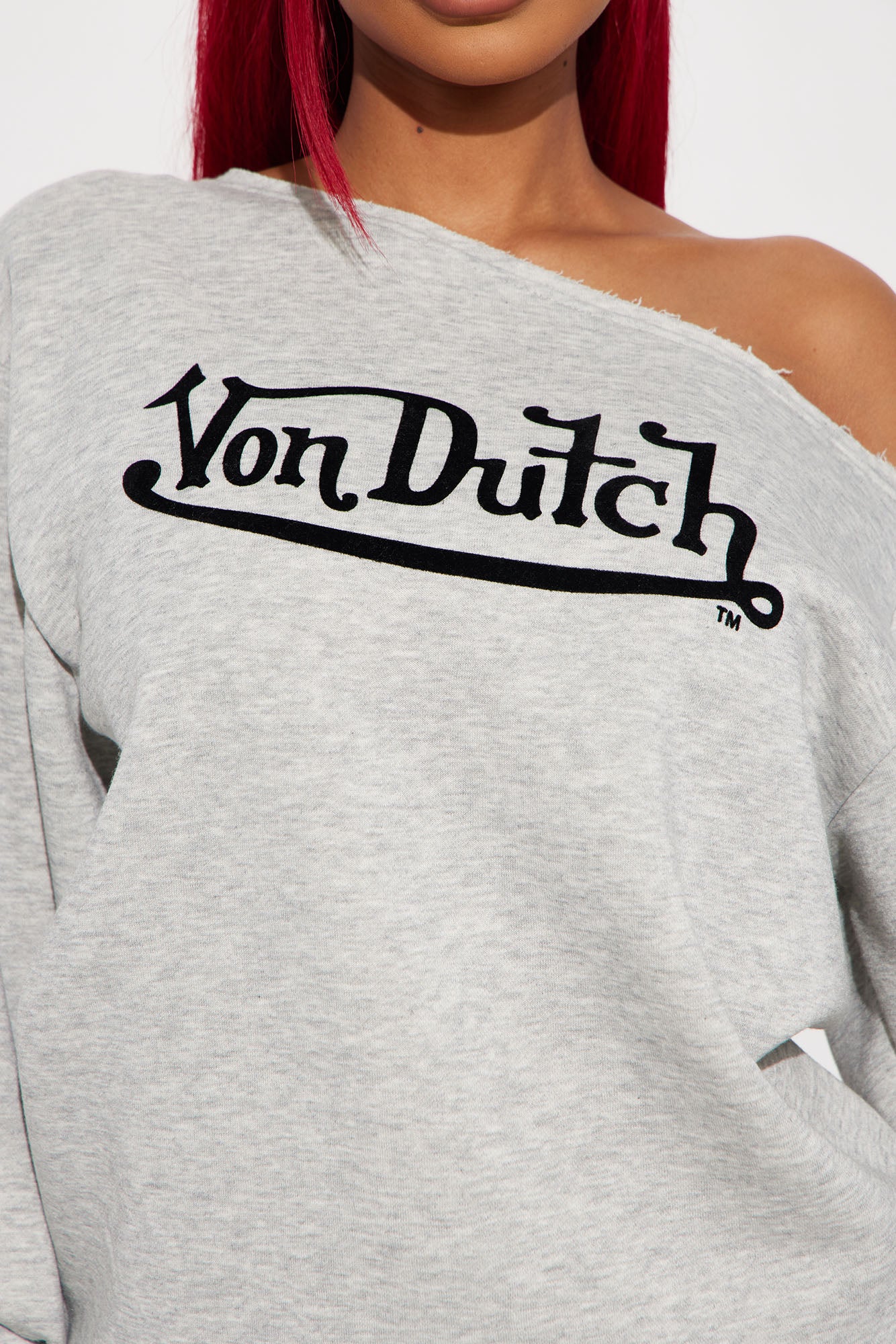Von Dutch Timeless Off Shoulder Sweatshirt - Heather Grey - Image 4