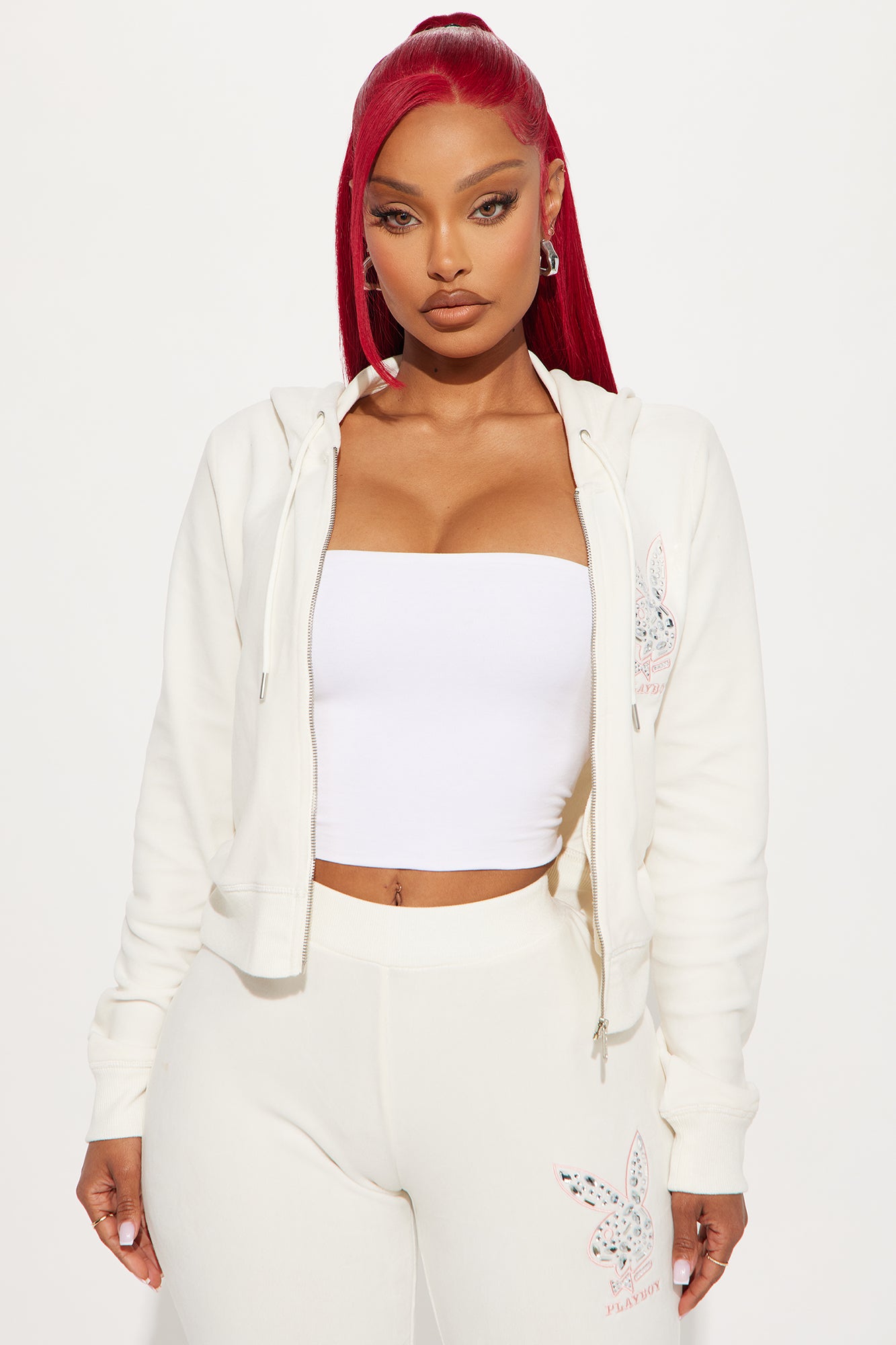 Playboy Rhinestone Velour Zip Front Hoodie - Cream - Image 3