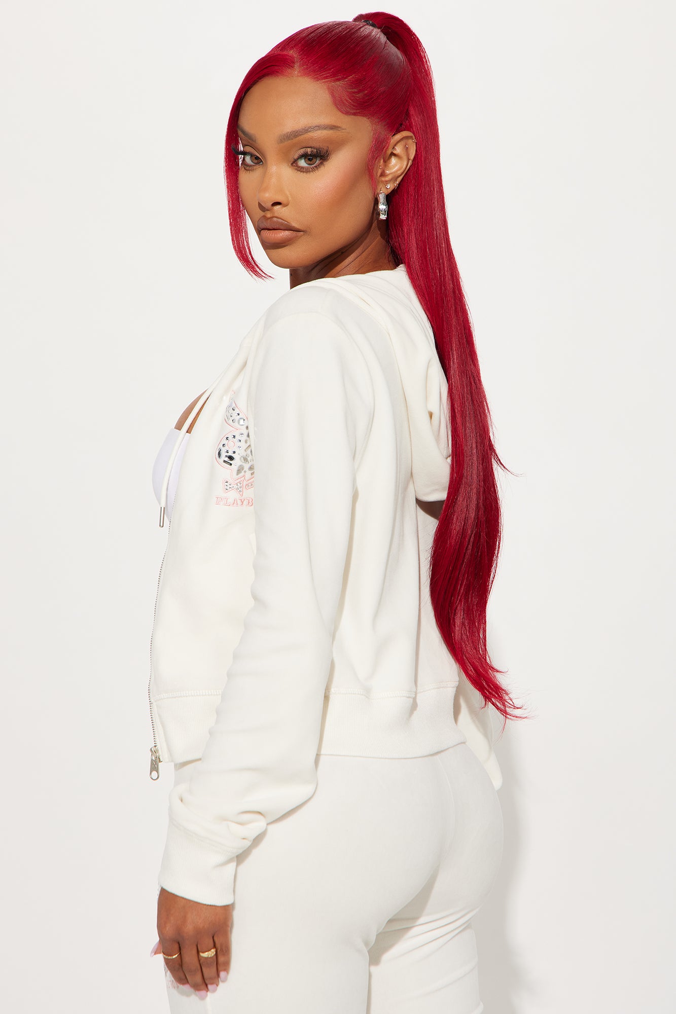 Playboy Rhinestone Velour Zip Front Hoodie - Cream - Image 5